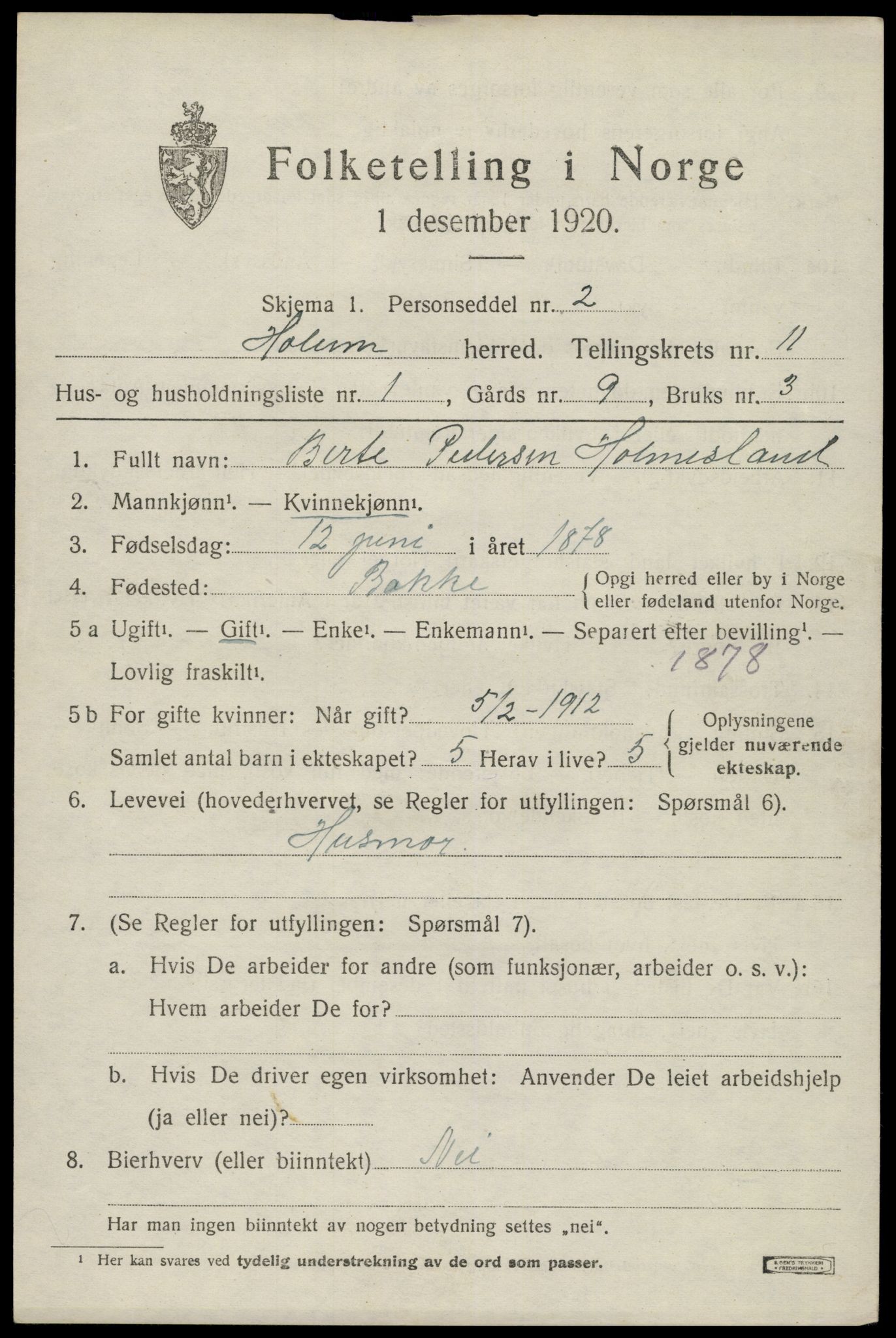 SAK, 1920 census for Holum, 1920, p. 2821