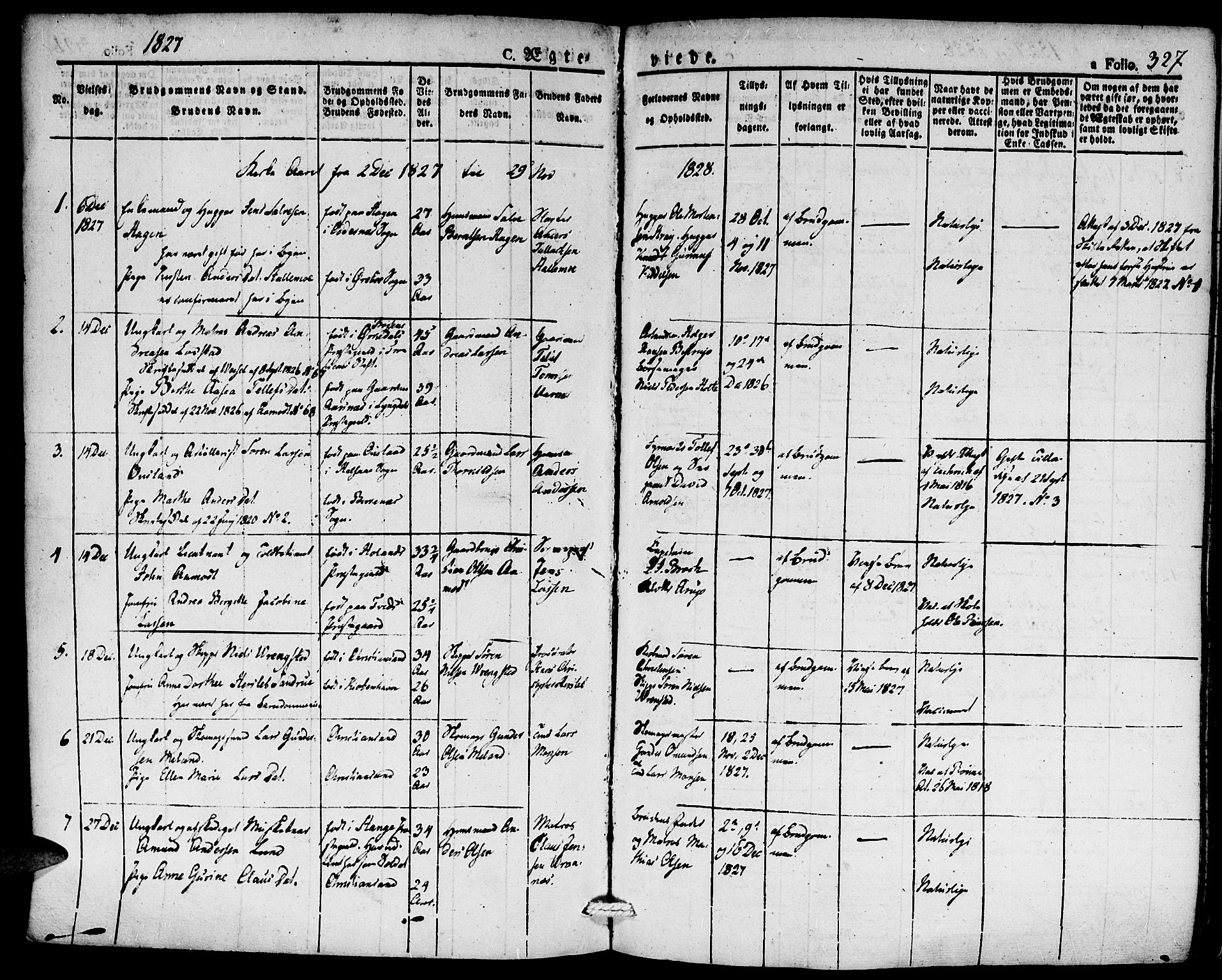 Kristiansand domprosti, SAK/1112-0006/F/Fa/L0011: Parish register (official) no. A 11, 1827-1841, p. 327
