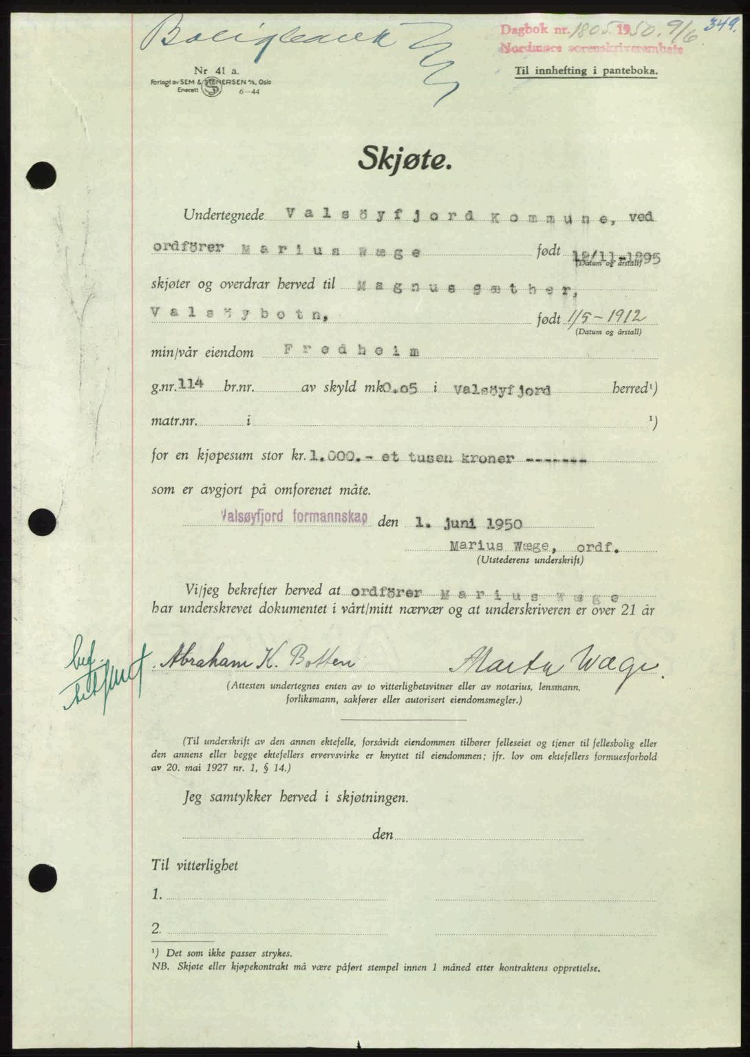 Nordmøre sorenskriveri, AV/SAT-A-4132/1/2/2Ca: Mortgage book no. A115, 1950-1950, Diary no: : 1805/1950