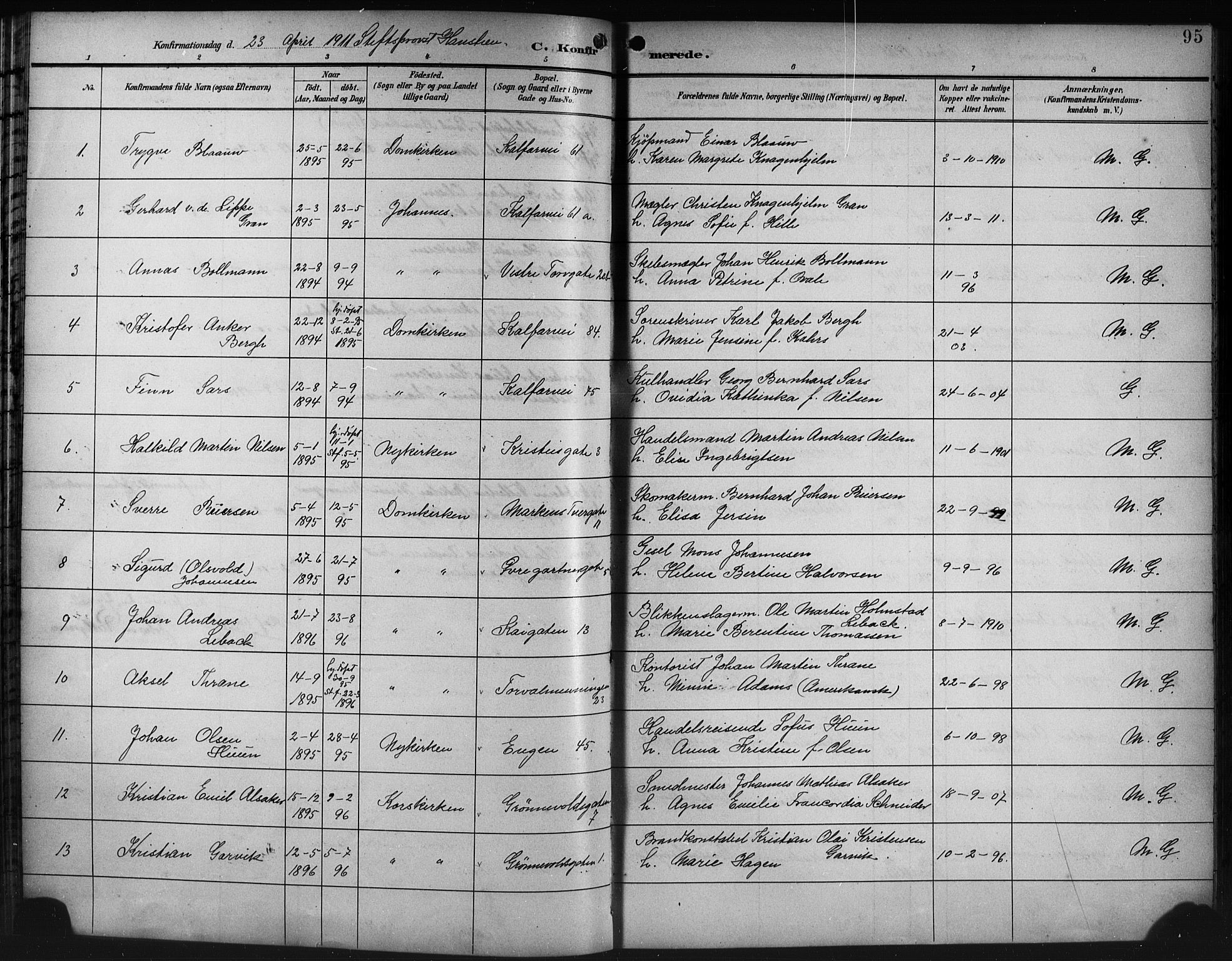 Domkirken sokneprestembete, SAB/A-74801/H/Hab/L0025: Parish register (copy) no. C 5, 1899-1916, p. 95