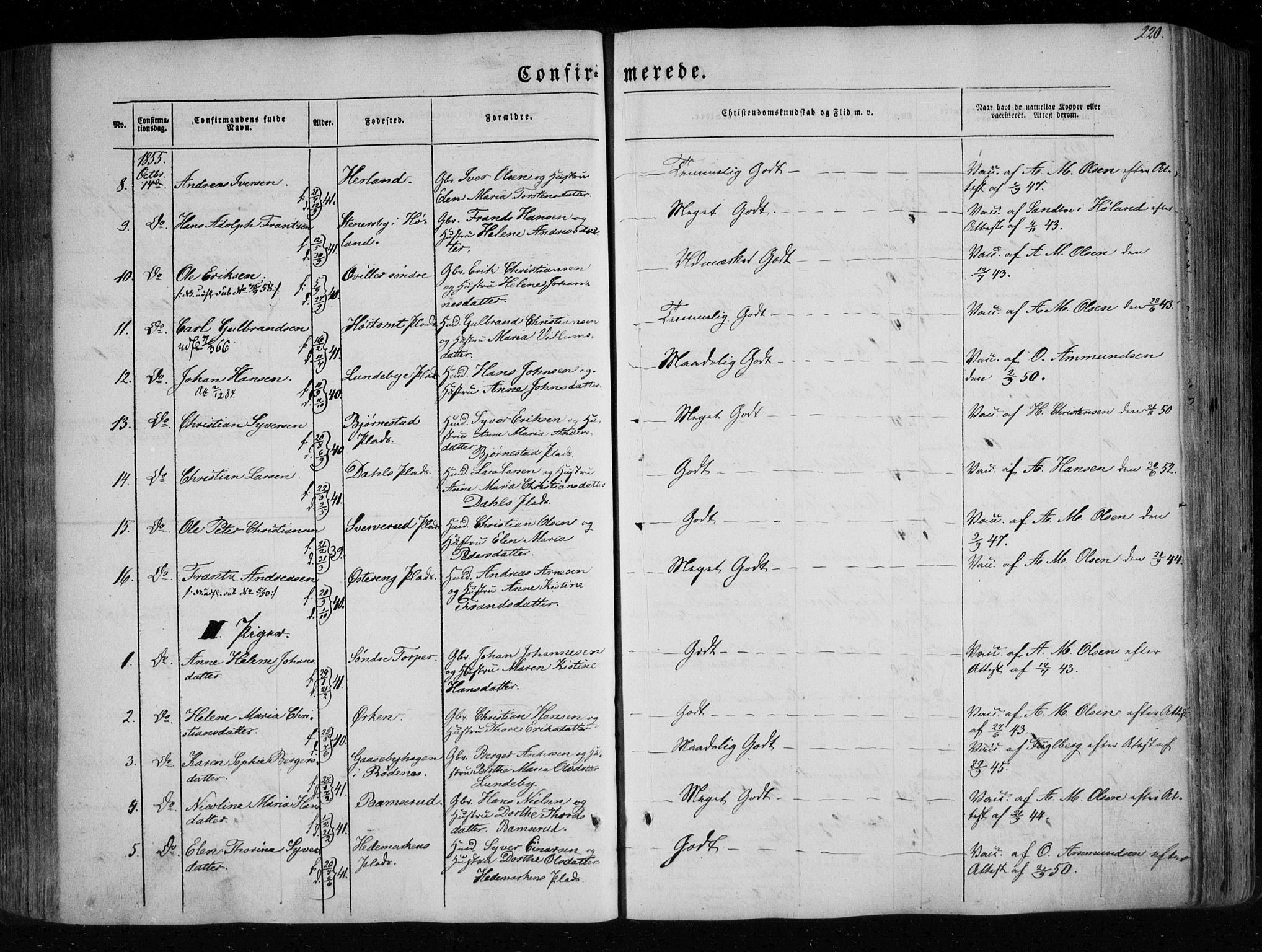 Eidsberg prestekontor Kirkebøker, SAO/A-10905/F/Fa/L0009: Parish register (official) no. I 9, 1849-1856, p. 220