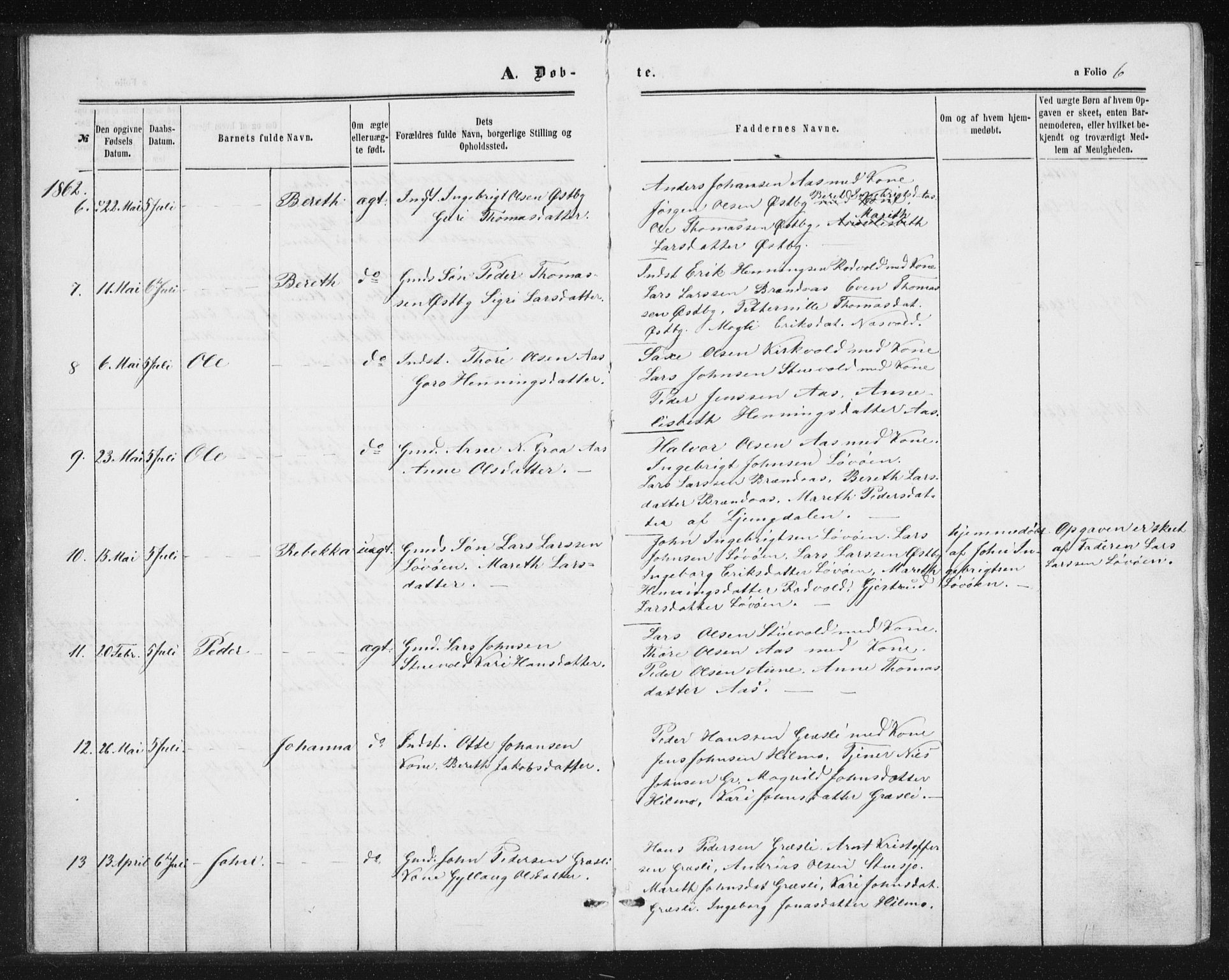 Ministerialprotokoller, klokkerbøker og fødselsregistre - Sør-Trøndelag, SAT/A-1456/698/L1166: Parish register (copy) no. 698C03, 1861-1887, p. 6