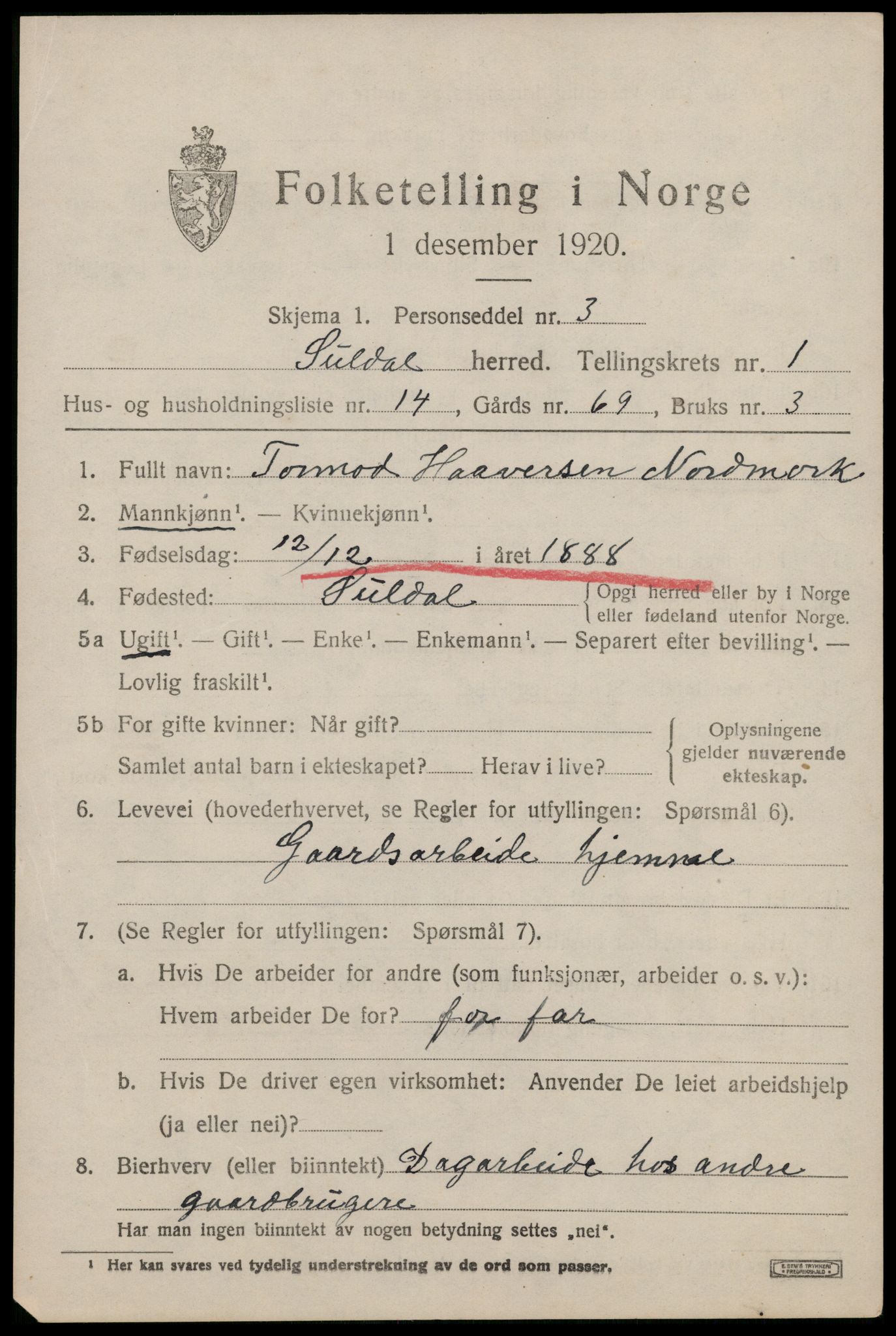 SAST, 1920 census for Suldal, 1920, p. 812