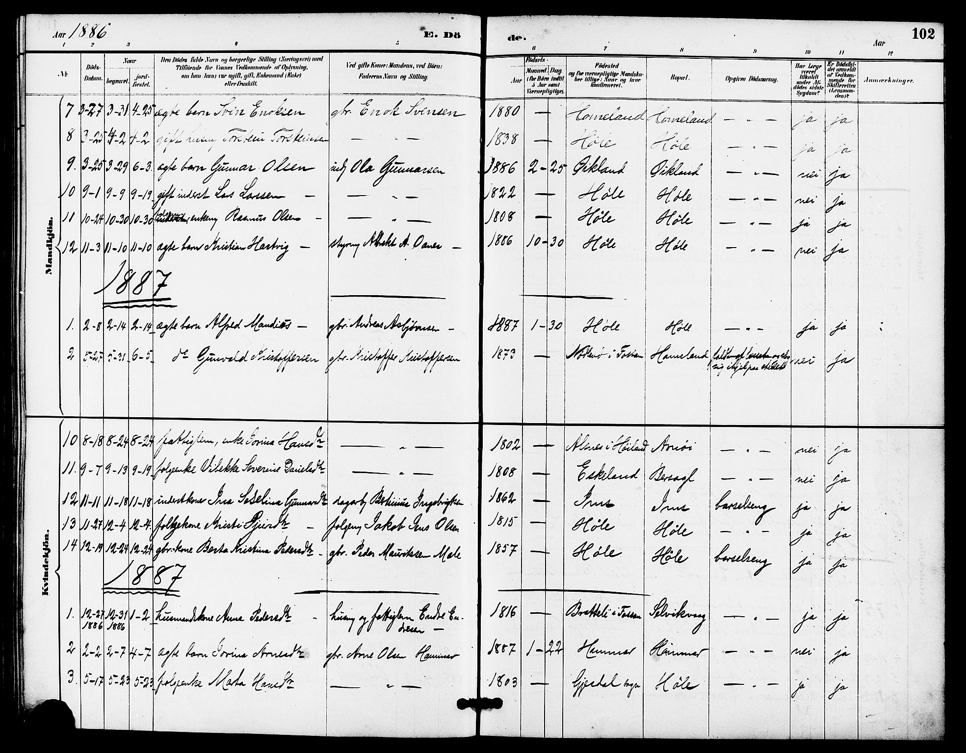 Høgsfjord sokneprestkontor, AV/SAST-A-101624/H/Ha/Haa/L0005: Parish register (official) no. A 5, 1885-1897, p. 102