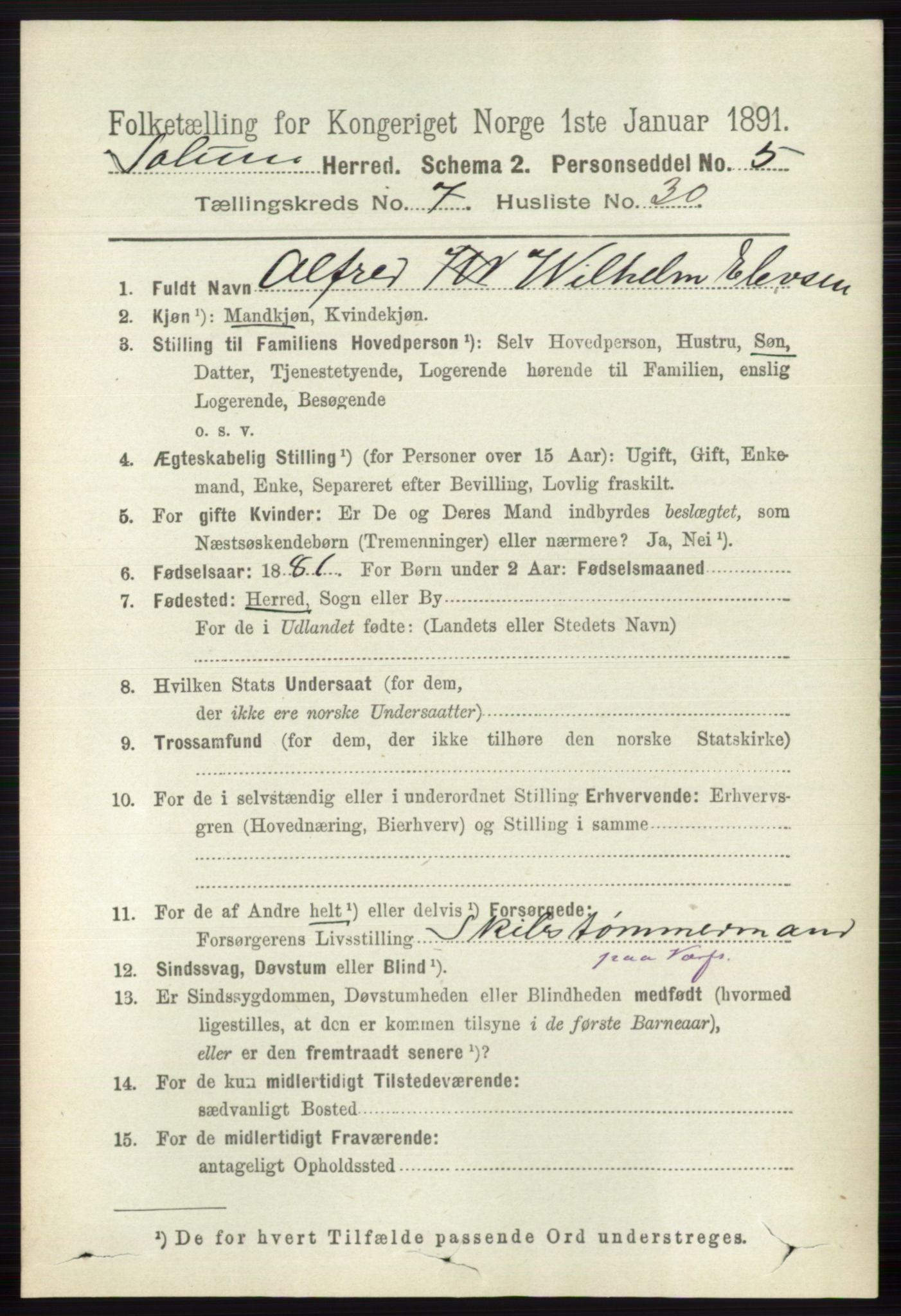 RA, 1891 census for 0818 Solum, 1891, p. 2864