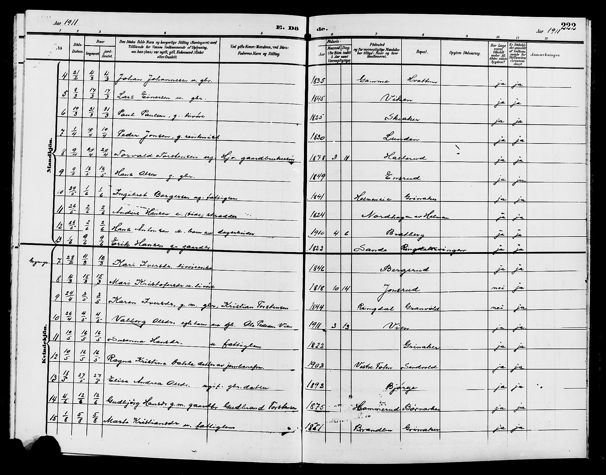 Gran prestekontor, SAH/PREST-112/H/Ha/Hab/L0006: Parish register (copy) no. 6, 1901-1911, p. 222