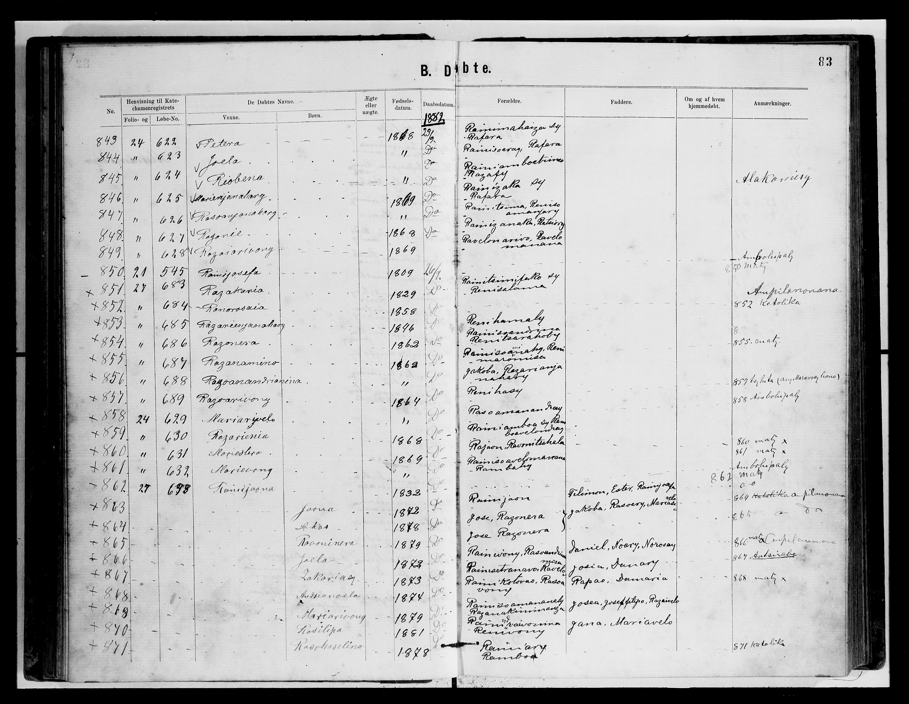 Archives FLM/NMS, Madagaskar, VID/MA-A-1163/D/Db/L0269: Parish register (official) no. 1, 1867-1884, p. 83