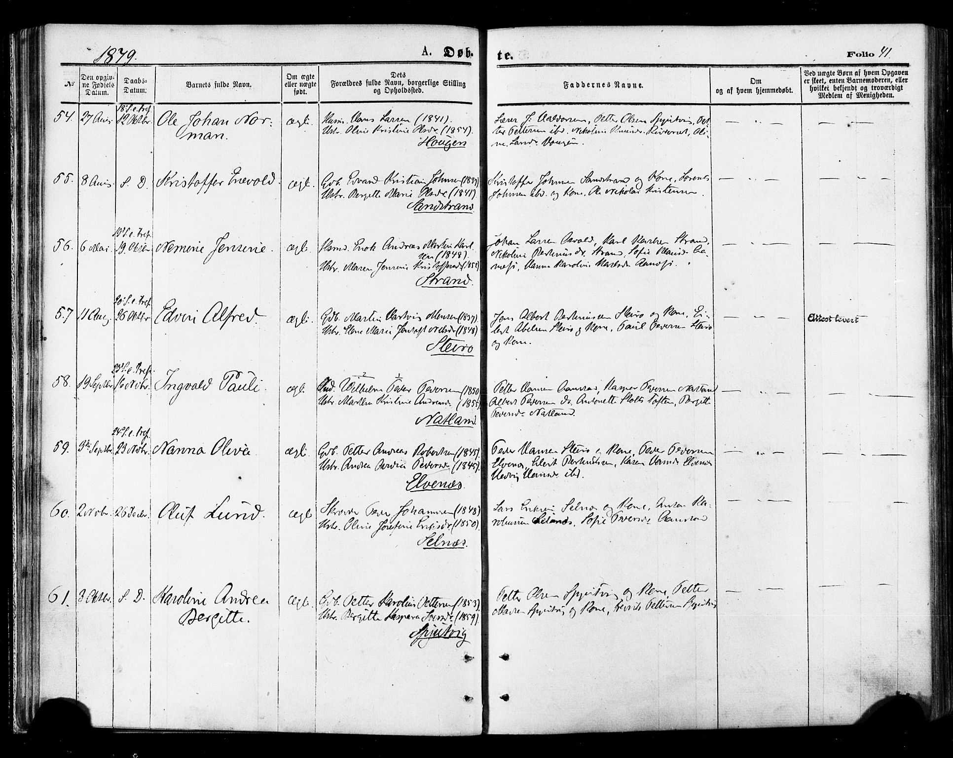 Ministerialprotokoller, klokkerbøker og fødselsregistre - Nordland, AV/SAT-A-1459/895/L1370: Parish register (official) no. 895A05, 1873-1884, p. 41