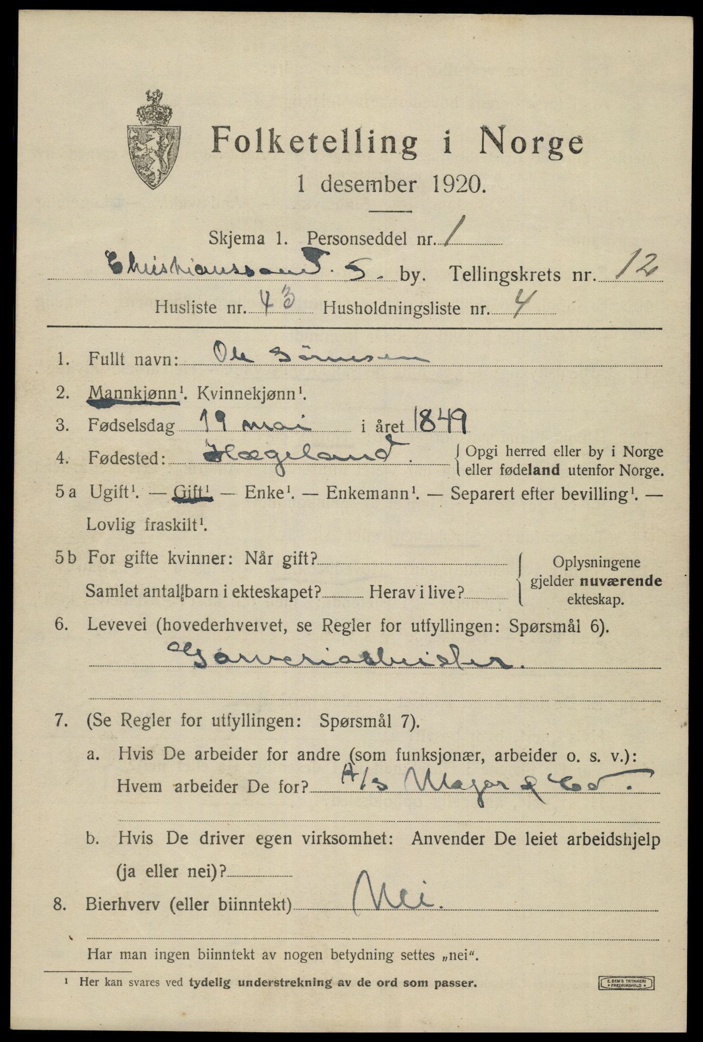 SAK, 1920 census for Kristiansand, 1920, p. 26819