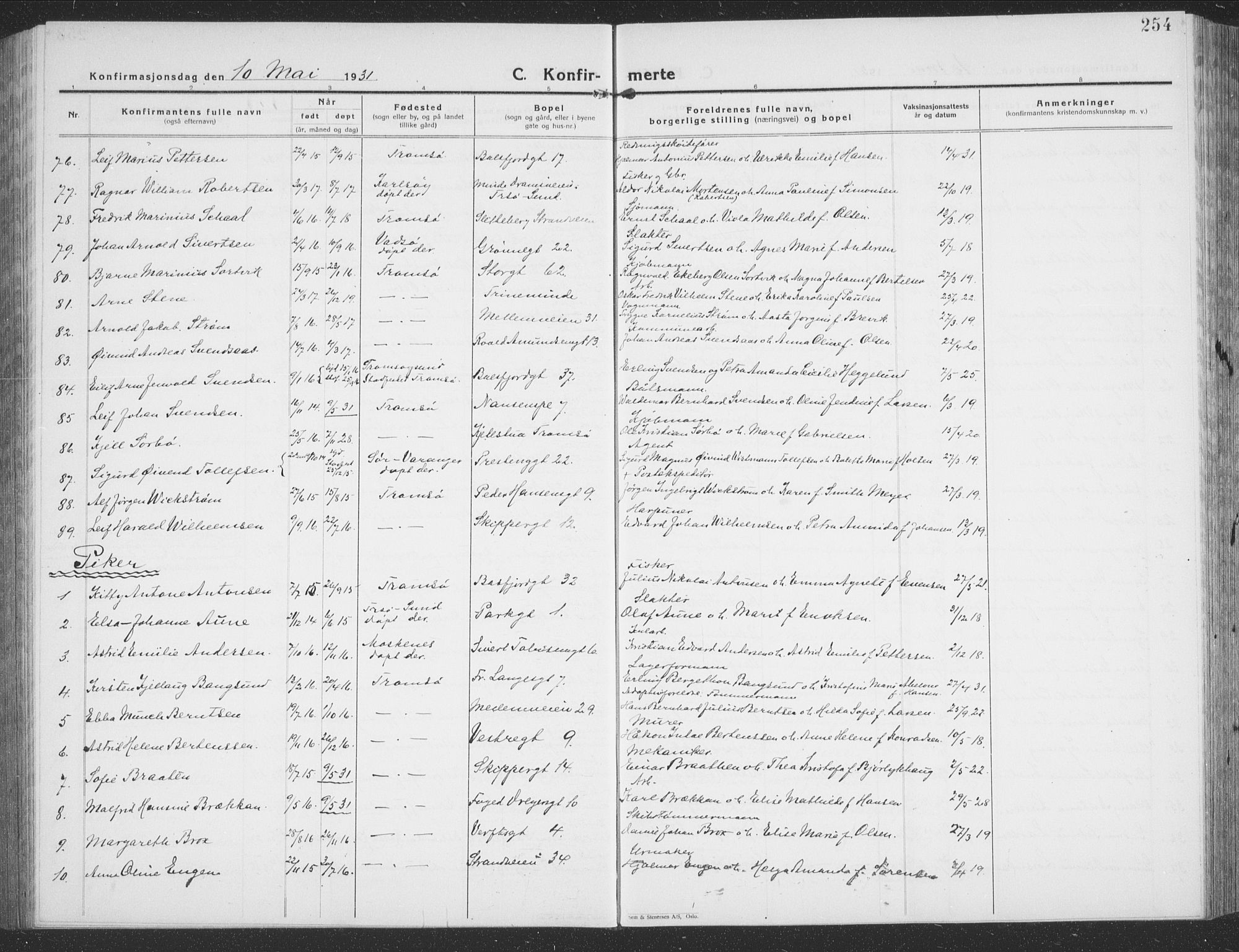 Tromsø sokneprestkontor/stiftsprosti/domprosti, AV/SATØ-S-1343/G/Gb/L0010klokker: Parish register (copy) no. 10, 1925-1937, p. 254