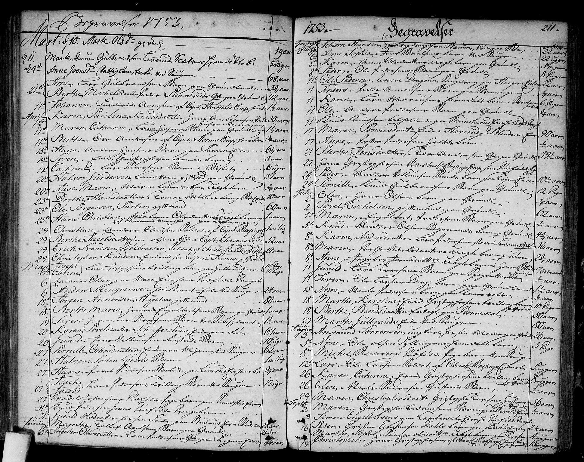 Aker prestekontor kirkebøker, AV/SAO-A-10861/F/L0008: Parish register (official) no. 8, 1749-1765, p. 211