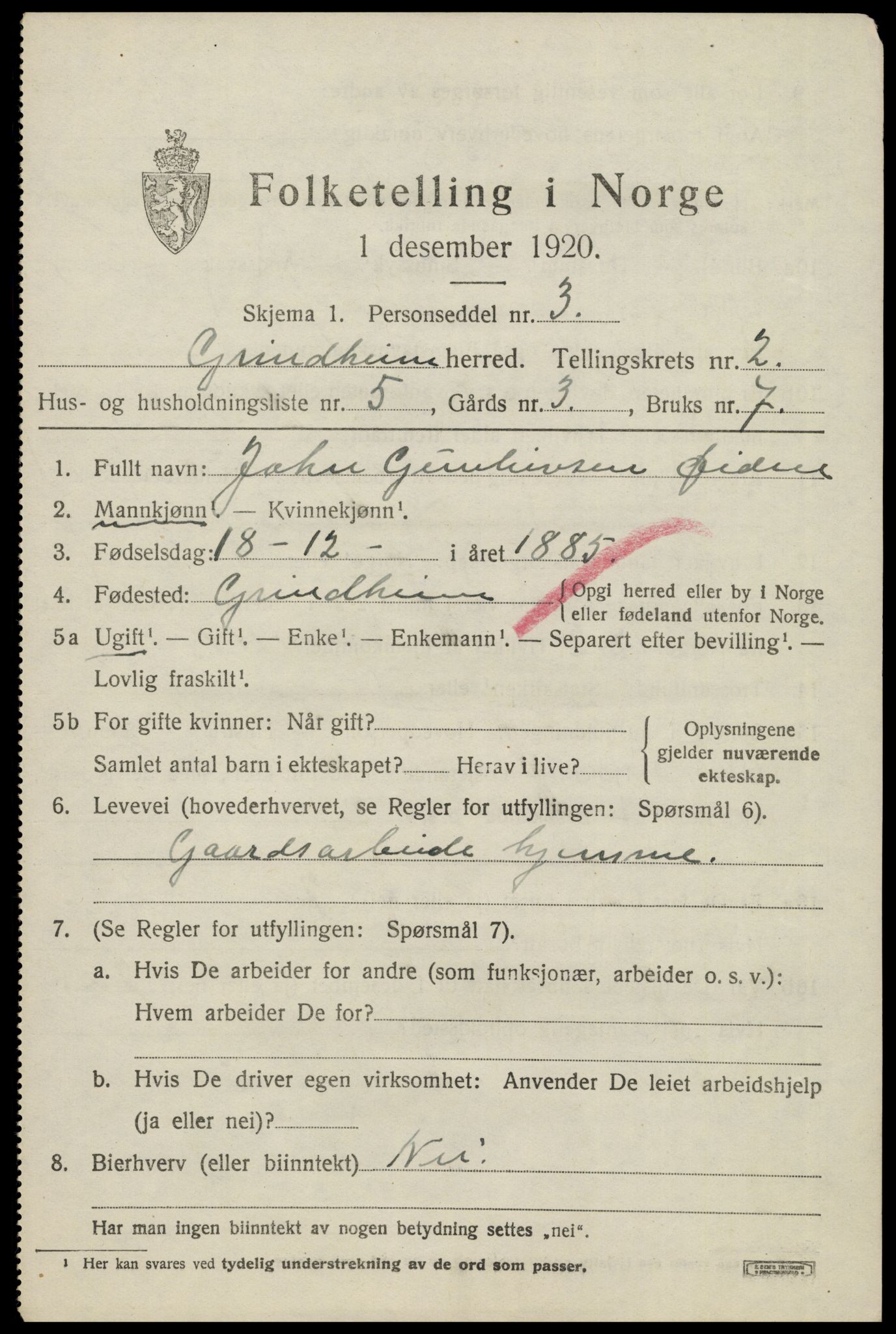SAK, 1920 census for Grindheim, 1920, p. 597