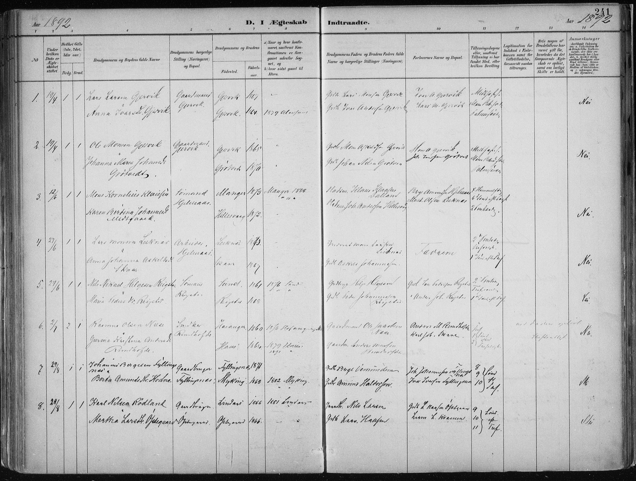 Hamre sokneprestembete, SAB/A-75501/H/Ha/Haa/Haab/L0001: Parish register (official) no. B  1, 1882-1905, p. 241