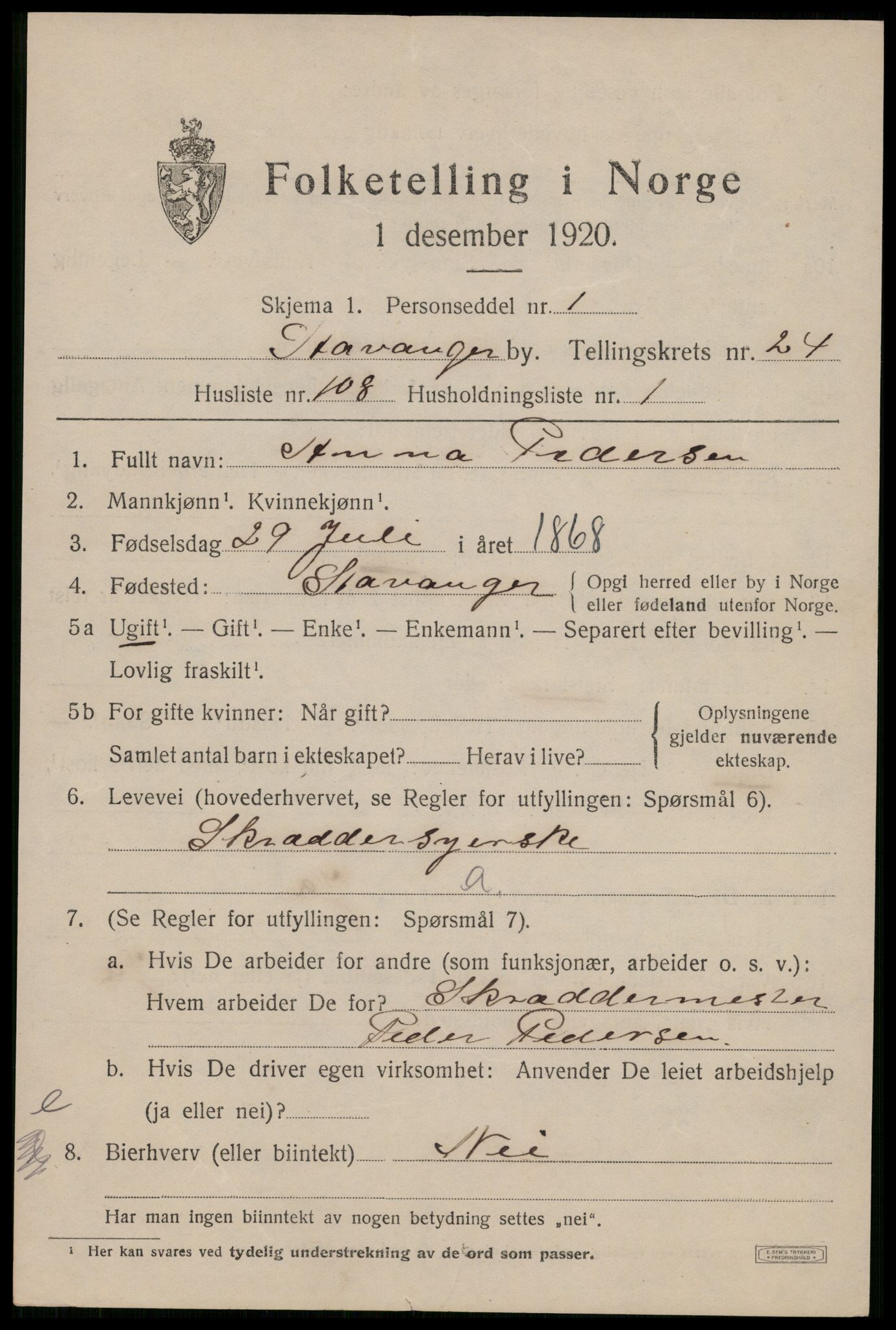 SAST, 1920 census for Stavanger, 1920, p. 77032