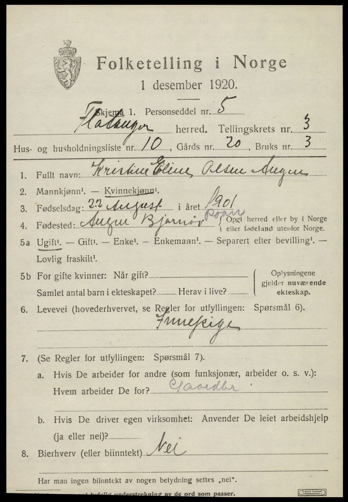 SAT, 1920 census for Flatanger, 1920, p. 1618
