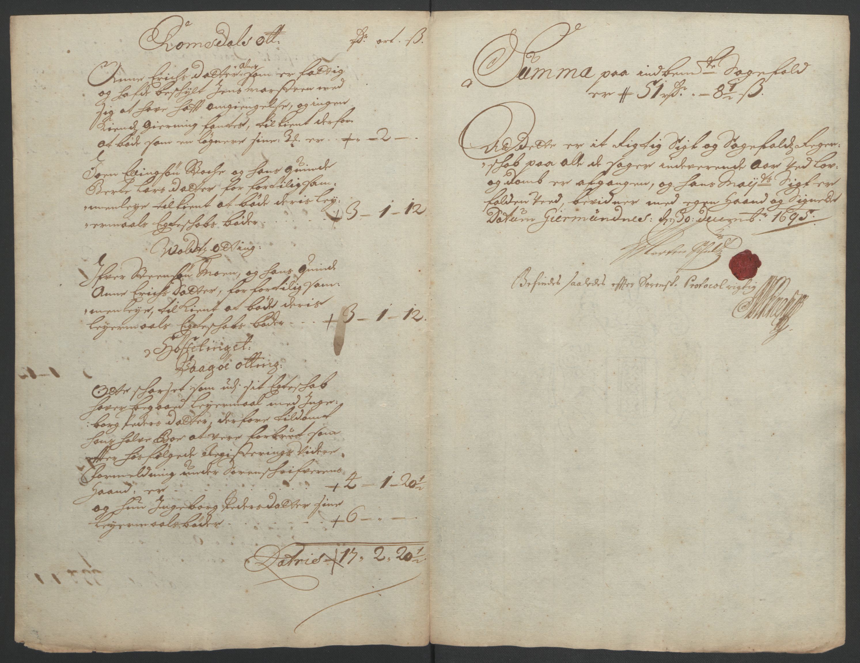 Rentekammeret inntil 1814, Reviderte regnskaper, Fogderegnskap, RA/EA-4092/R55/L3652: Fogderegnskap Romsdal, 1695-1696, p. 123