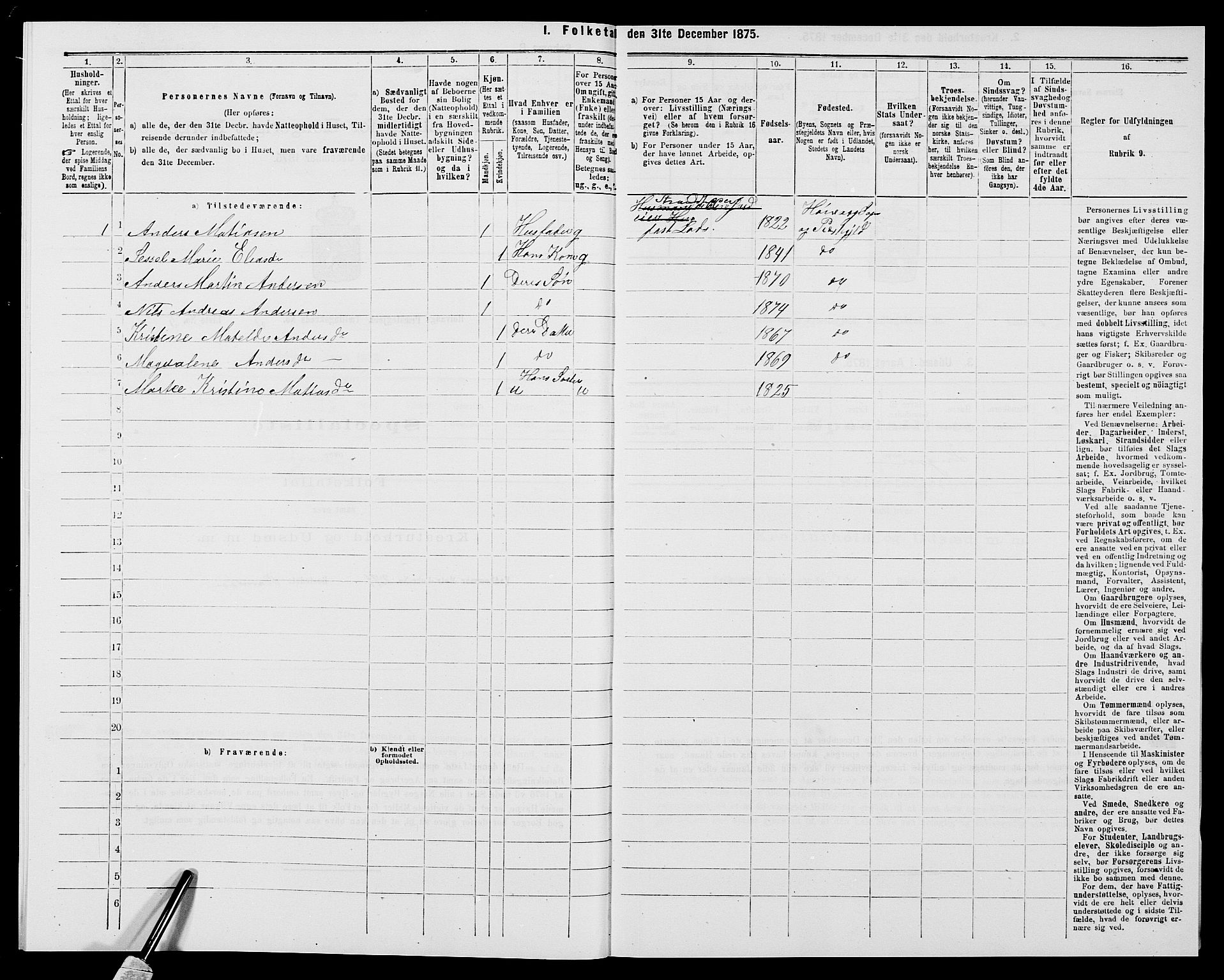 SAK, 1875 census for 0927P Høvåg, 1875, p. 622