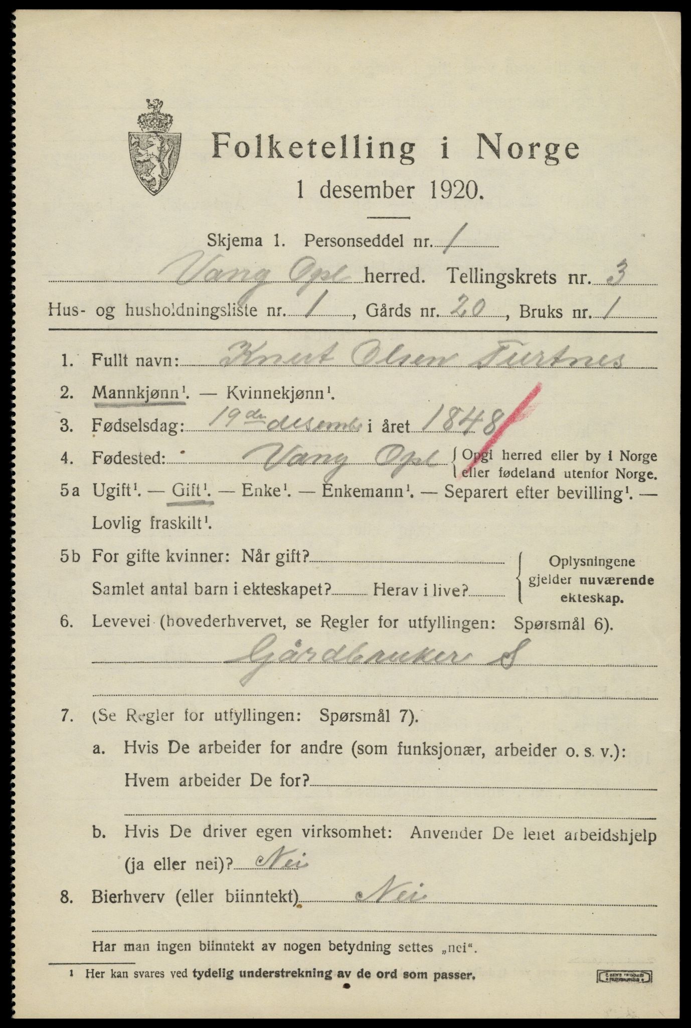 SAH, 1920 census for Vang (Oppland), 1920, p. 1349