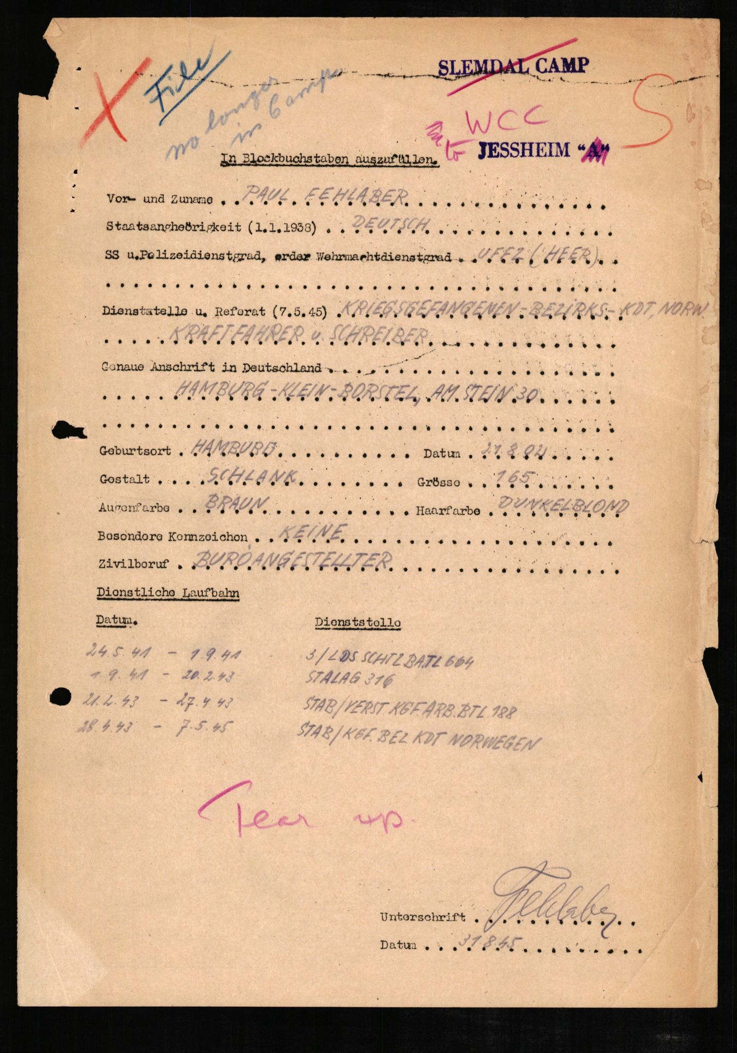 Forsvaret, Forsvarets overkommando II, AV/RA-RAFA-3915/D/Db/L0008: CI Questionaires. Tyske okkupasjonsstyrker i Norge. Tyskere., 1945-1946, p. 17