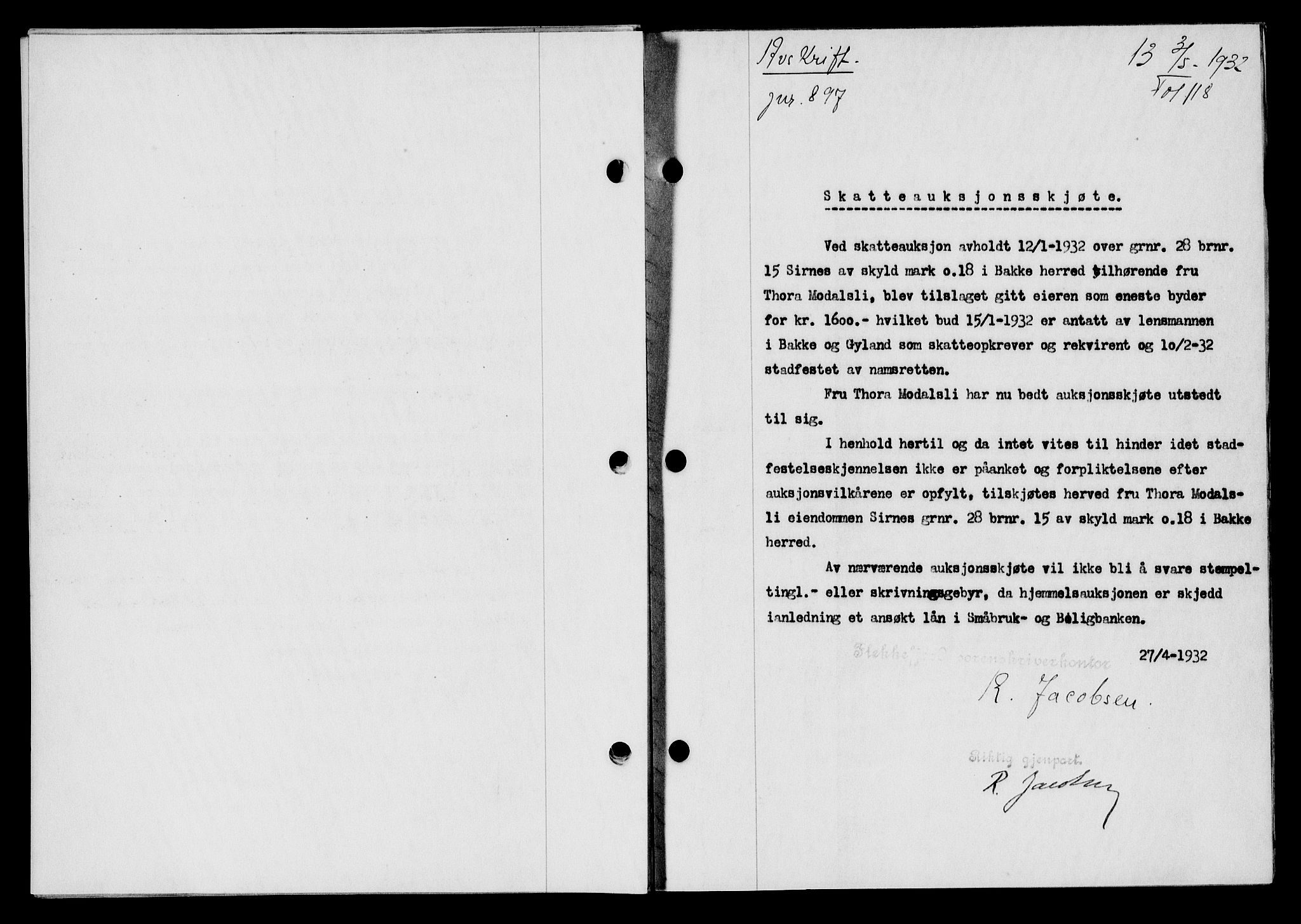 Flekkefjord sorenskriveri, SAK/1221-0001/G/Gb/Gba/L0047: Mortgage book no. 45, 1931-1932, Deed date: 03.05.1932