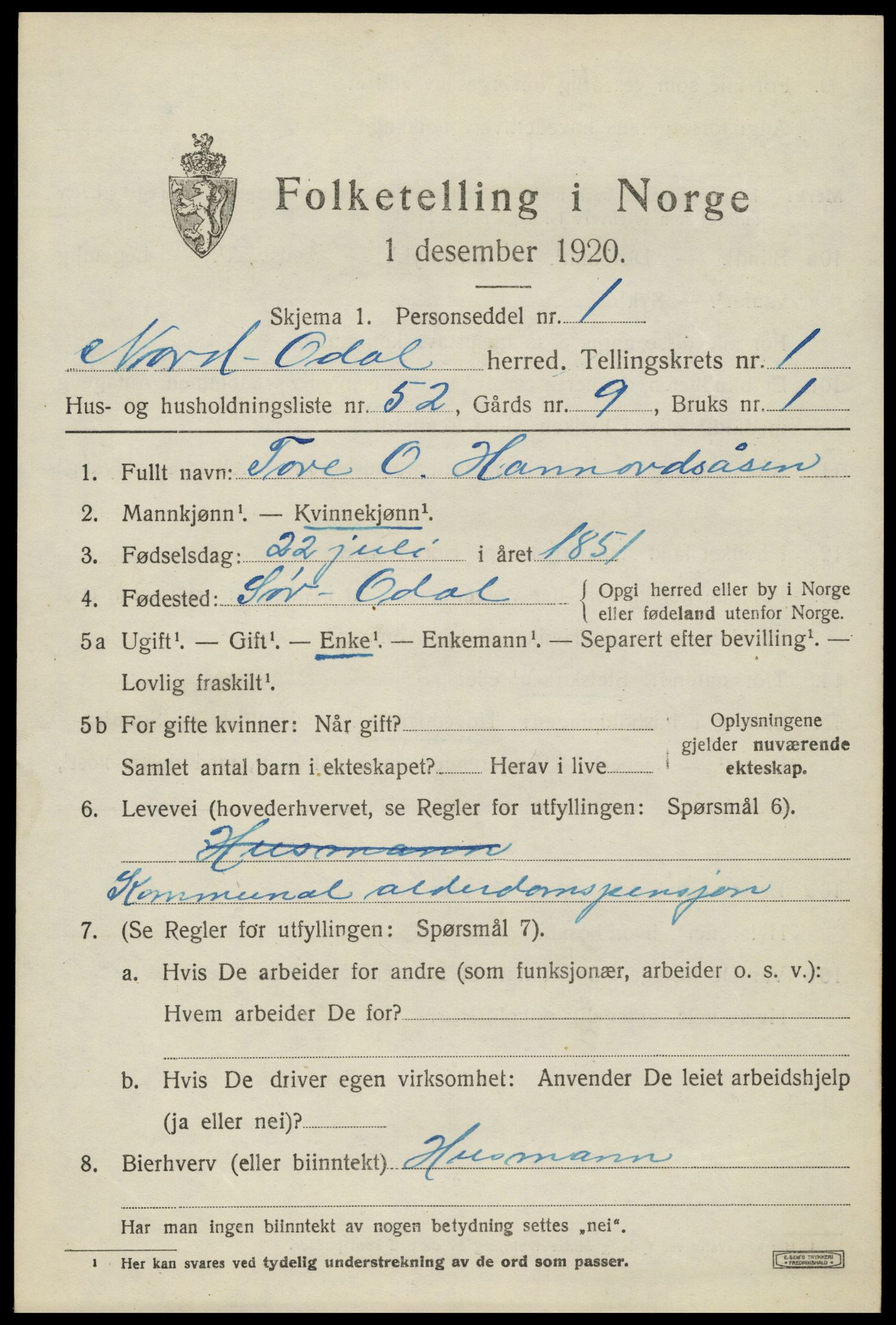 SAH, 1920 census for Nord-Odal, 1920, p. 2379