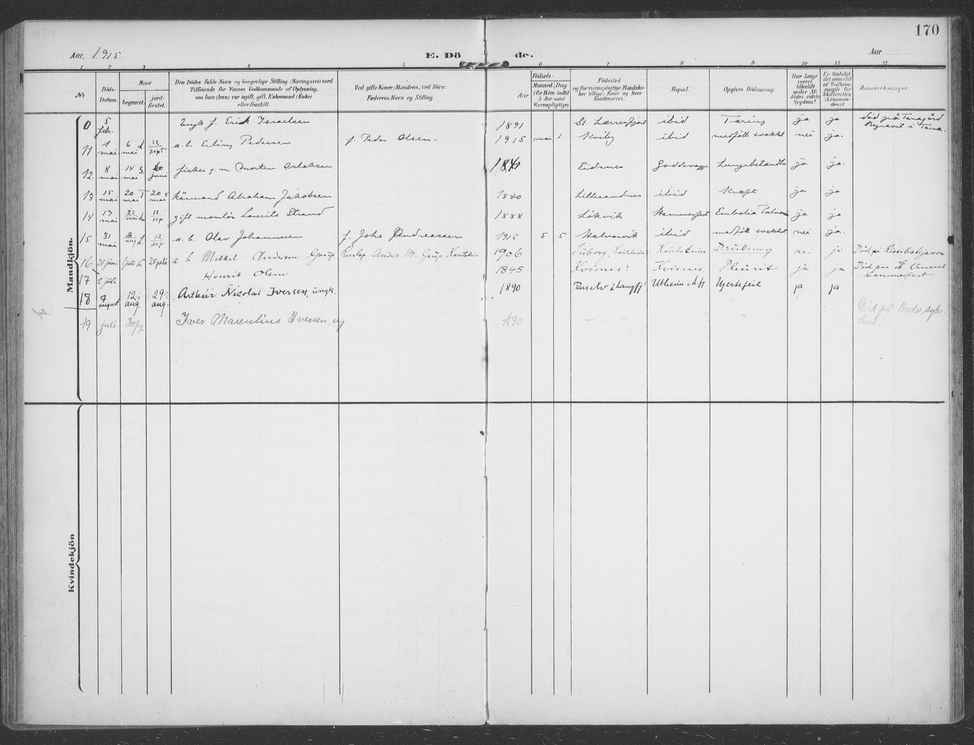 Talvik sokneprestkontor, AV/SATØ-S-1337/H/Ha/L0017kirke: Parish register (official) no. 17, 1906-1915, p. 170