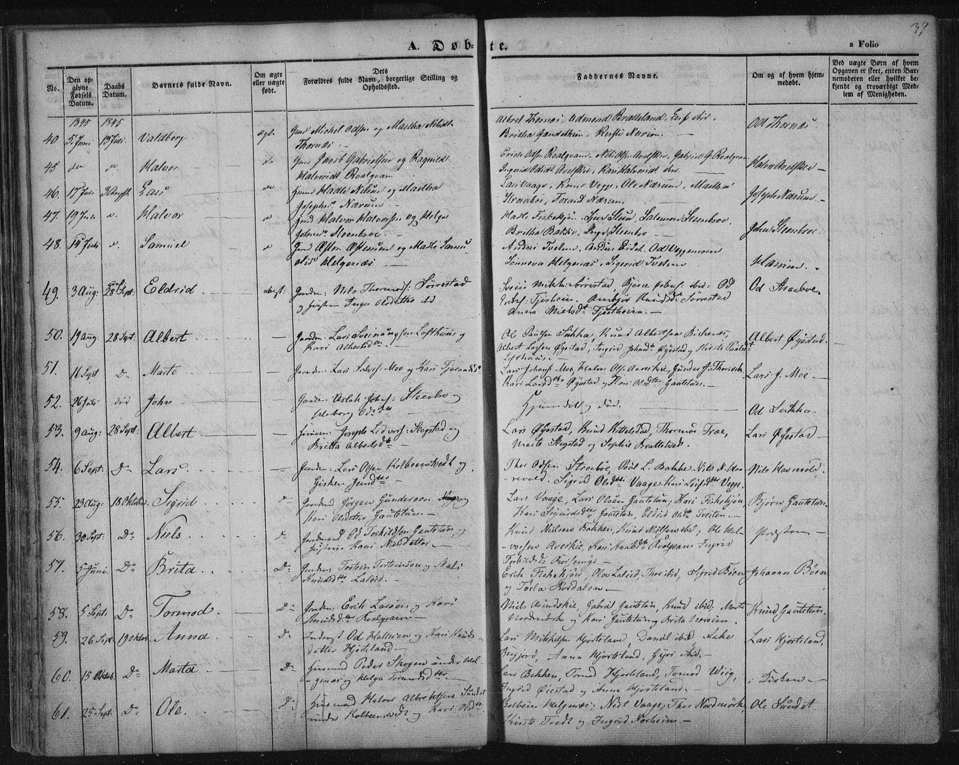 Suldal sokneprestkontor, AV/SAST-A-101845/01/IV/L0008: Parish register (official) no. A 8, 1836-1853, p. 37