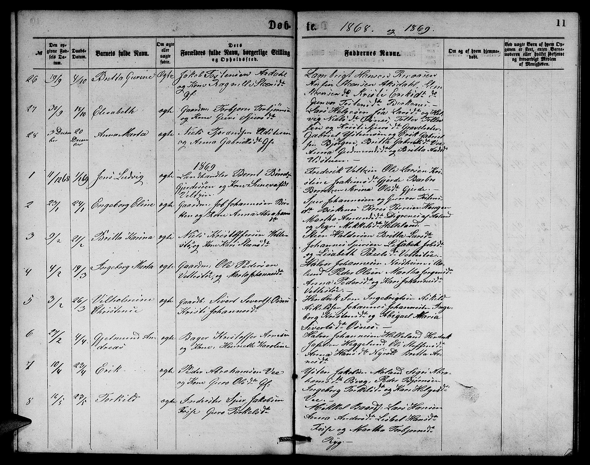 Etne sokneprestembete, SAB/A-75001/H/Hab: Parish register (copy) no. B 3, 1867-1878, p. 11