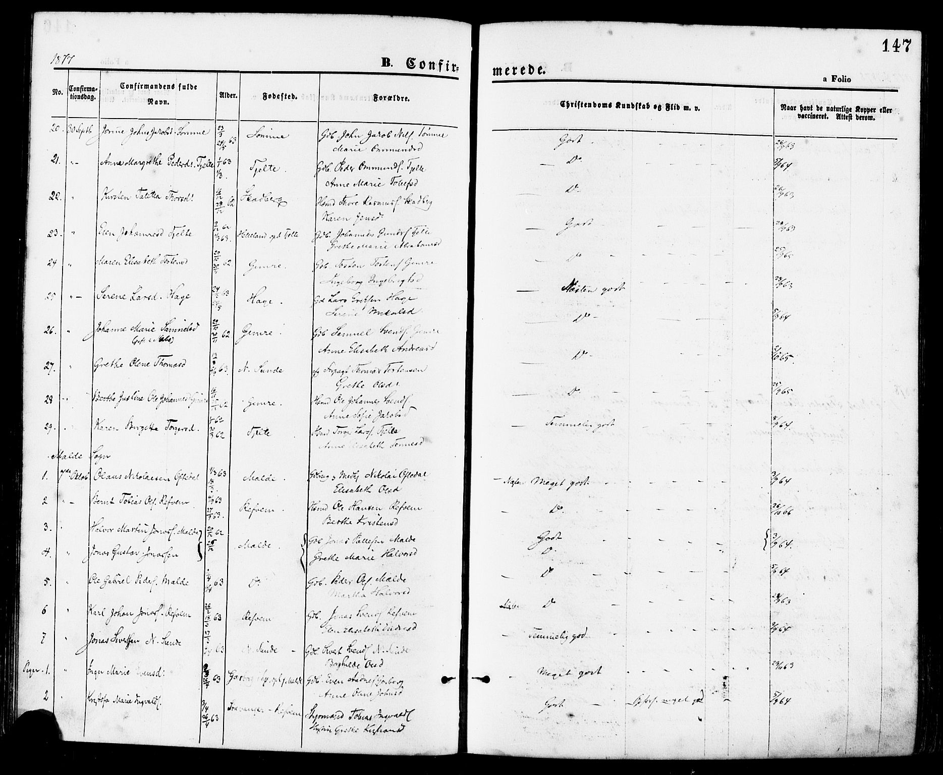 Håland sokneprestkontor, AV/SAST-A-101802/001/30BA/L0009: Parish register (official) no. A 8, 1871-1882, p. 147