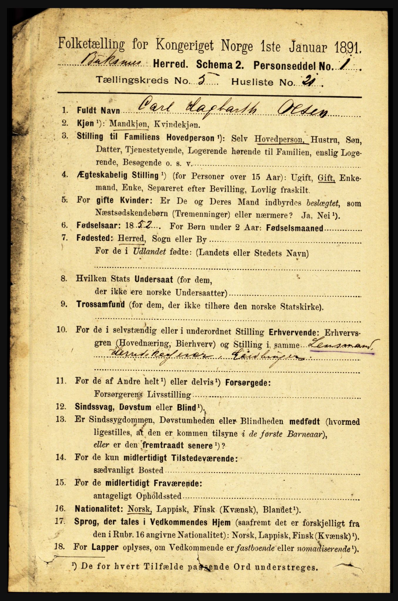 RA, 1891 census for 1860 Buksnes, 1891, p. 3997