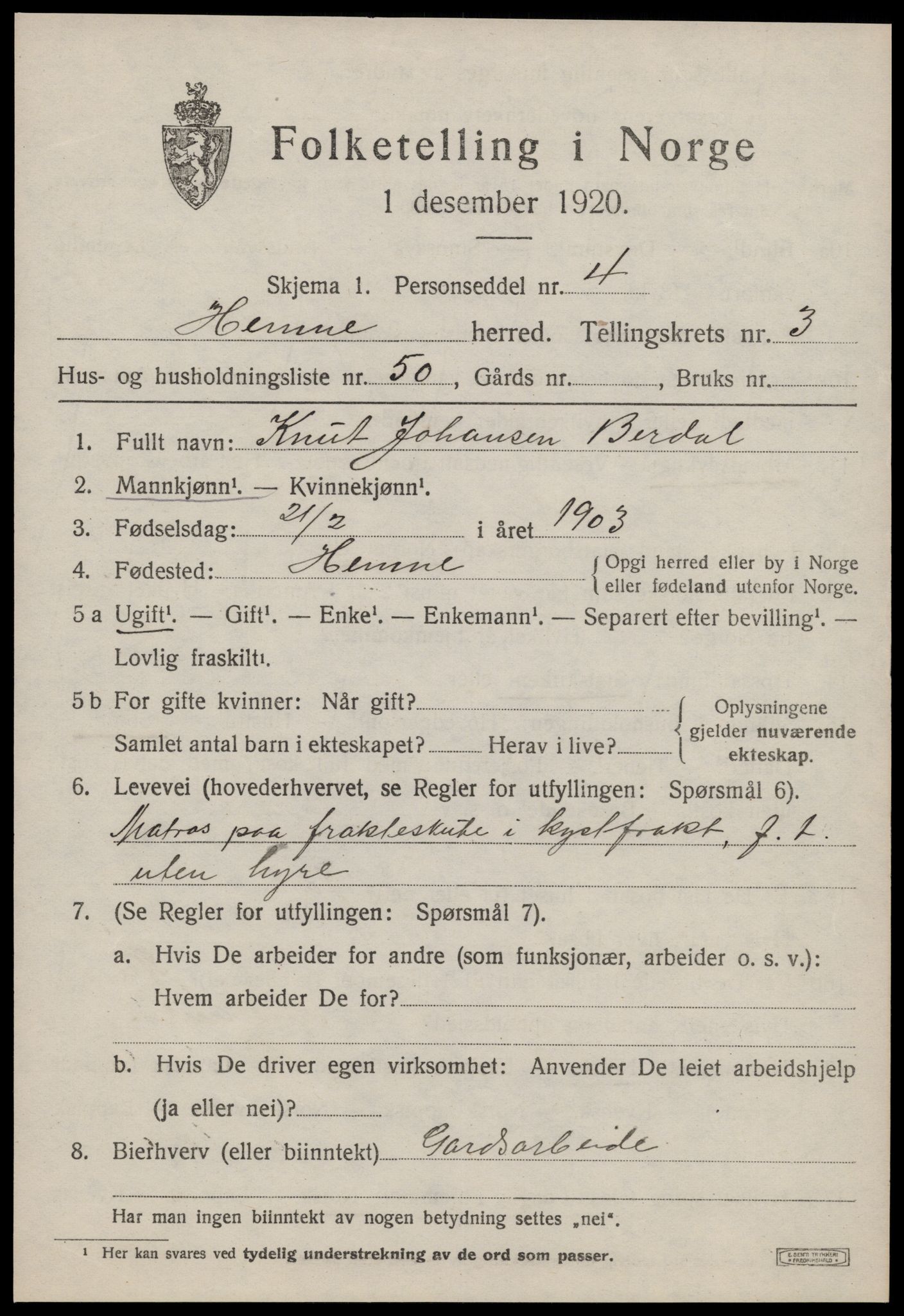 SAT, 1920 census for Hemne, 1920, p. 2840