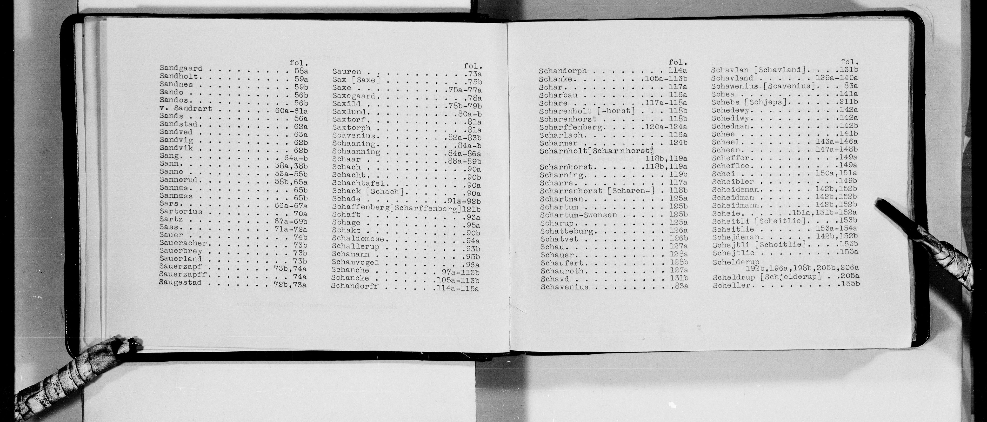 Lassens samlinger, AV/RA-PA-0051/F/Fa/L0037: Personalhistoriske og genealogiske opptegnelser: Saabye - Schjeveland, 1500-1907