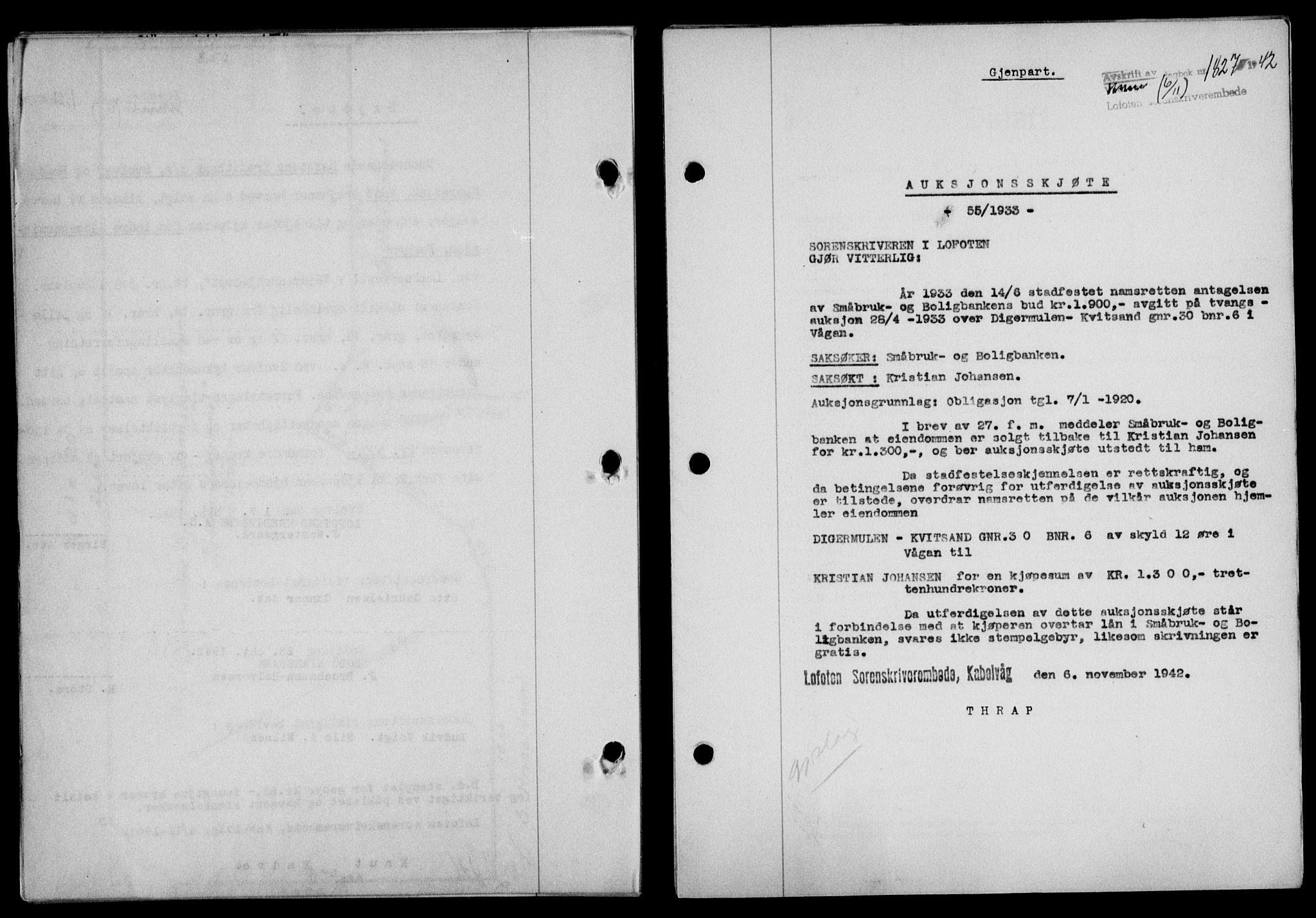 Lofoten sorenskriveri, SAT/A-0017/1/2/2C/L0010a: Mortgage book no. 10a, 1942-1943, Diary no: : 1827/1942