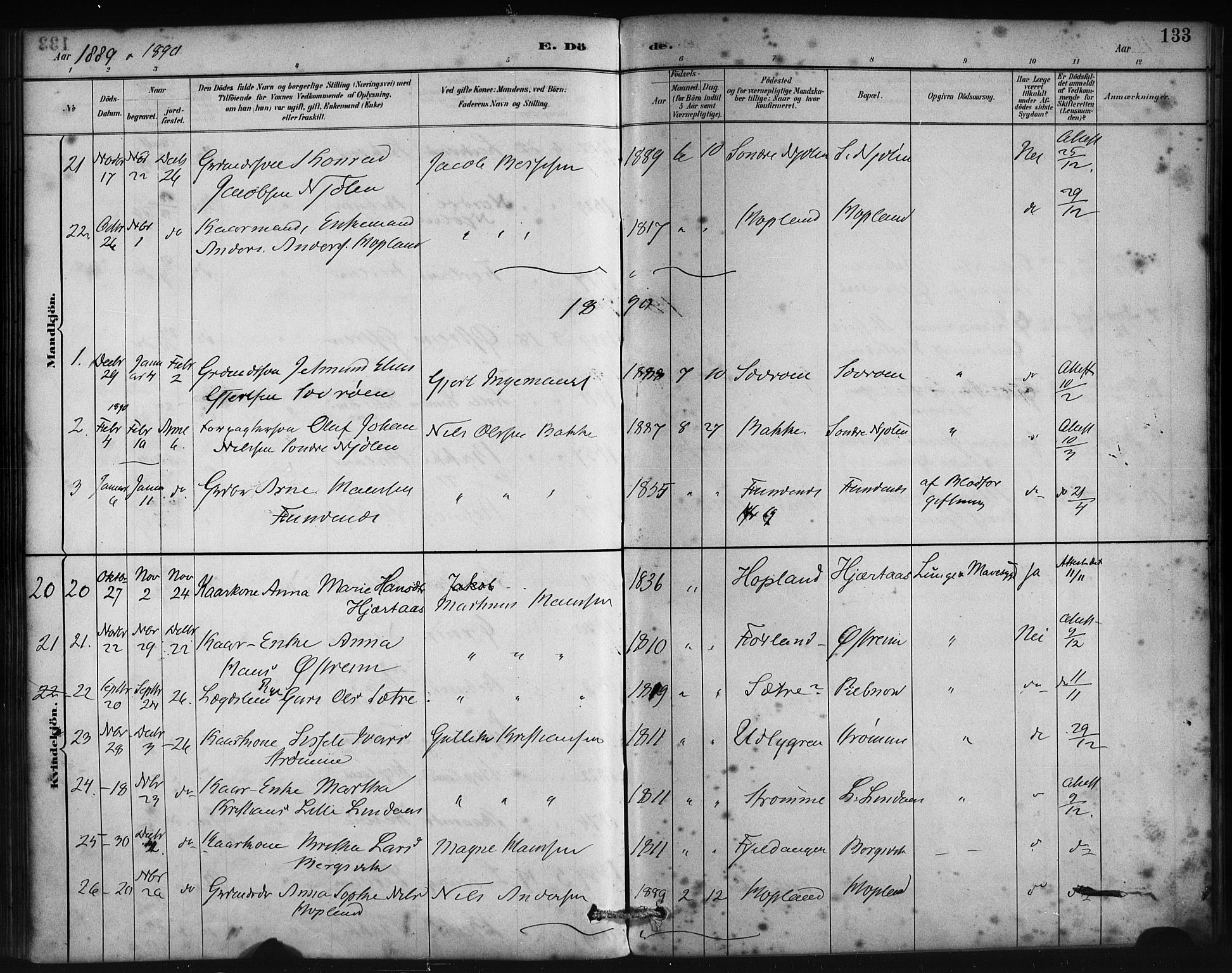 Lindås Sokneprestembete, AV/SAB-A-76701/H/Haa/Haac/L0001: Parish register (official) no. C 1, 1886-1896, p. 133