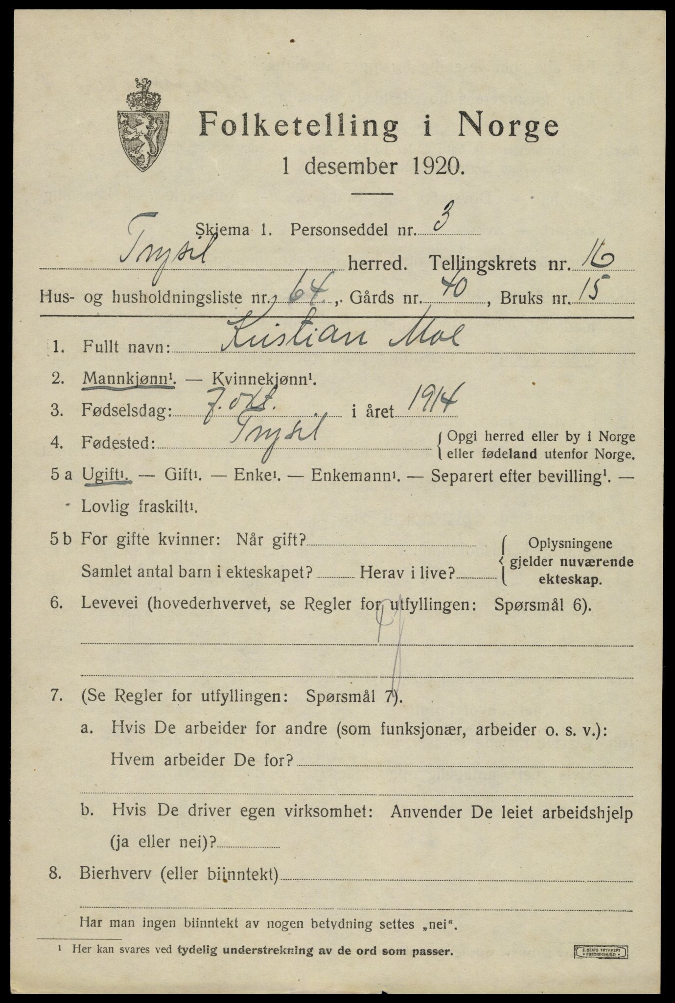 SAH, 1920 census for Trysil, 1920, p. 10171