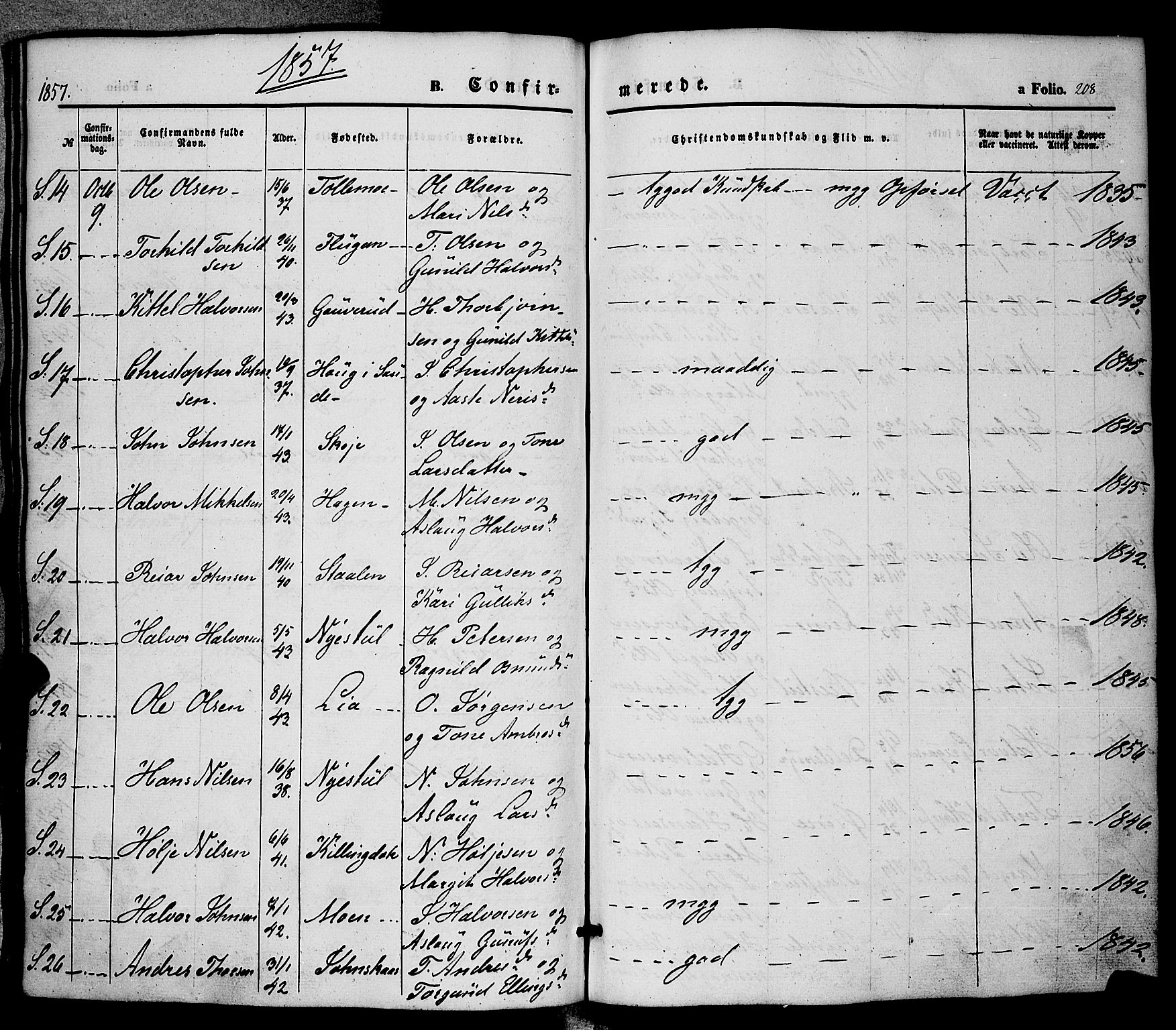 Hjartdal kirkebøker, AV/SAKO-A-270/F/Fa/L0008: Parish register (official) no. I 8, 1844-1859, p. 208