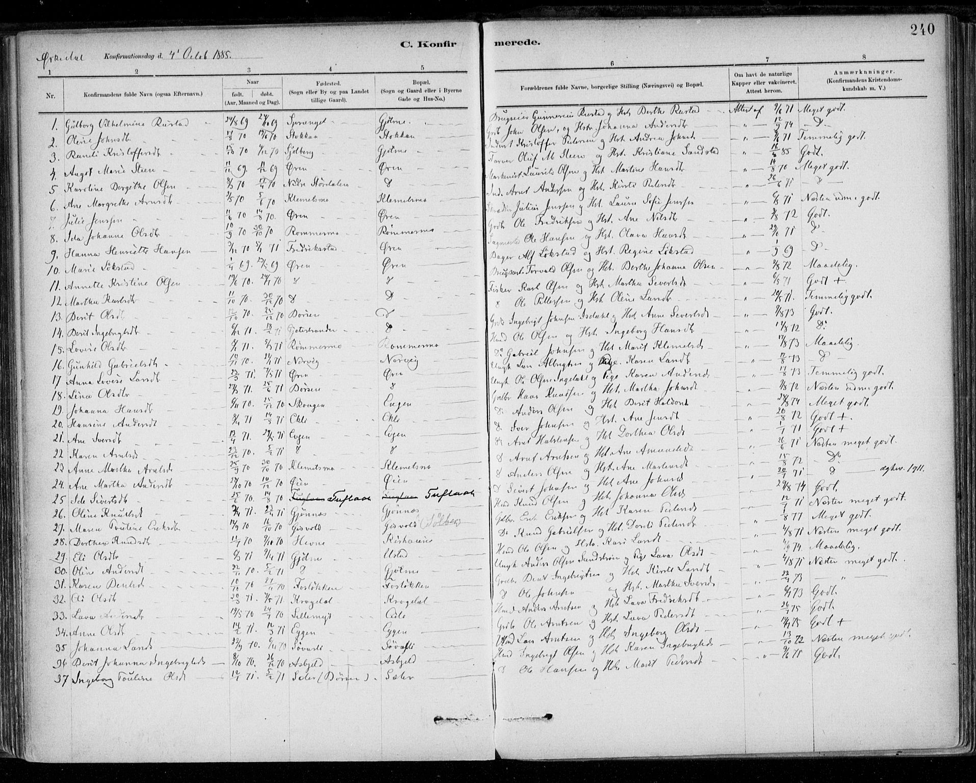 Ministerialprotokoller, klokkerbøker og fødselsregistre - Sør-Trøndelag, SAT/A-1456/668/L0809: Parish register (official) no. 668A09, 1881-1895, p. 240