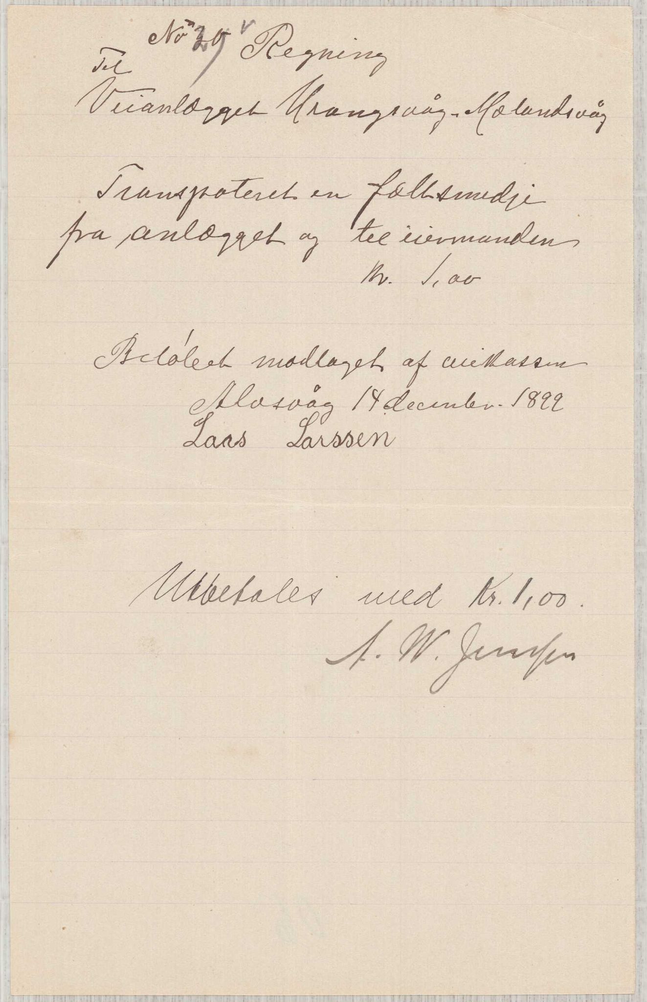 Finnaas kommune. Formannskapet, IKAH/1218a-021/E/Ea/L0002/0001: Rekneskap for veganlegg / Rekneskap for veganlegget Urangsvåg - Mælandsvåg, 1898-1900, p. 89