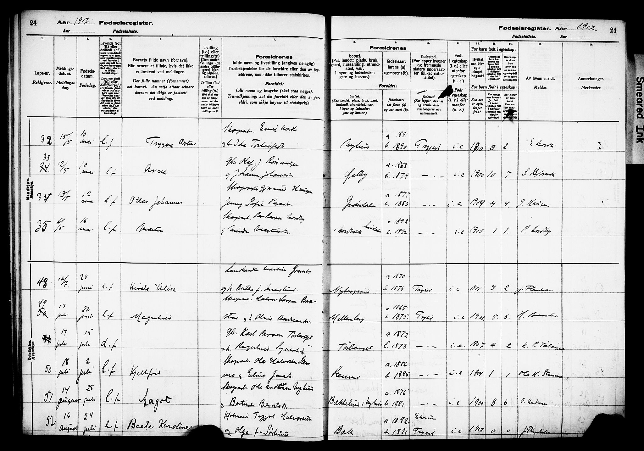 Trysil prestekontor, AV/SAH-PREST-046/I/Id/Ida/L0001: Birth register no. I 1, 1916-1927, p. 24