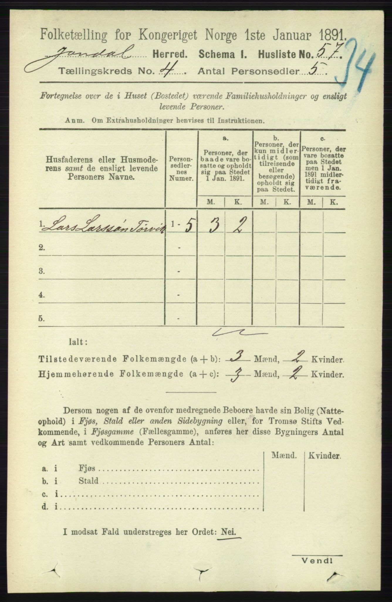 RA, 1891 census for 1227 Jondal, 1891, p. 2047