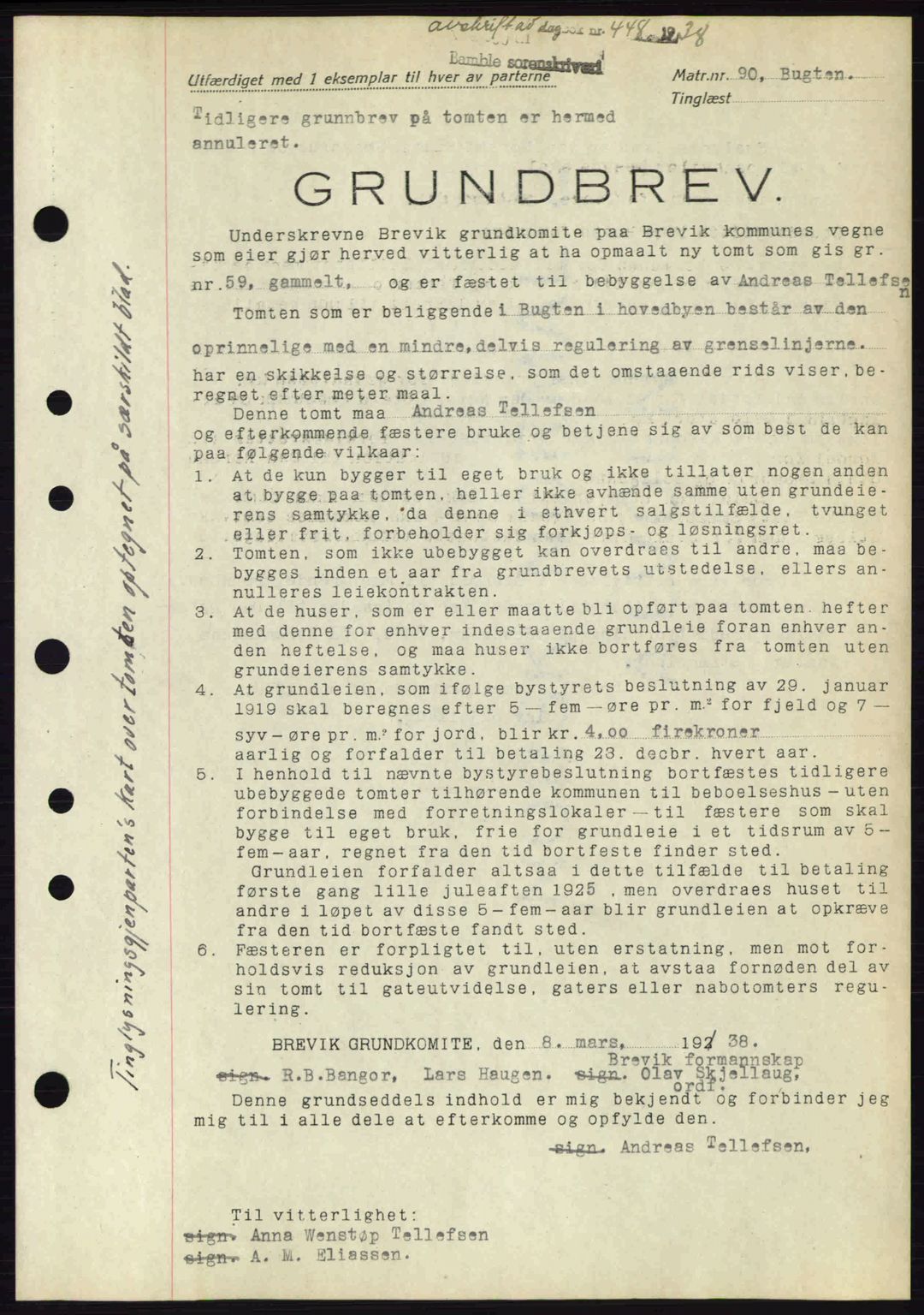 Bamble sorenskriveri, AV/SAKO-A-214/G/Ga/Gag/L0002: Mortgage book no. A-2, 1937-1938, Diary no: : 448/1938