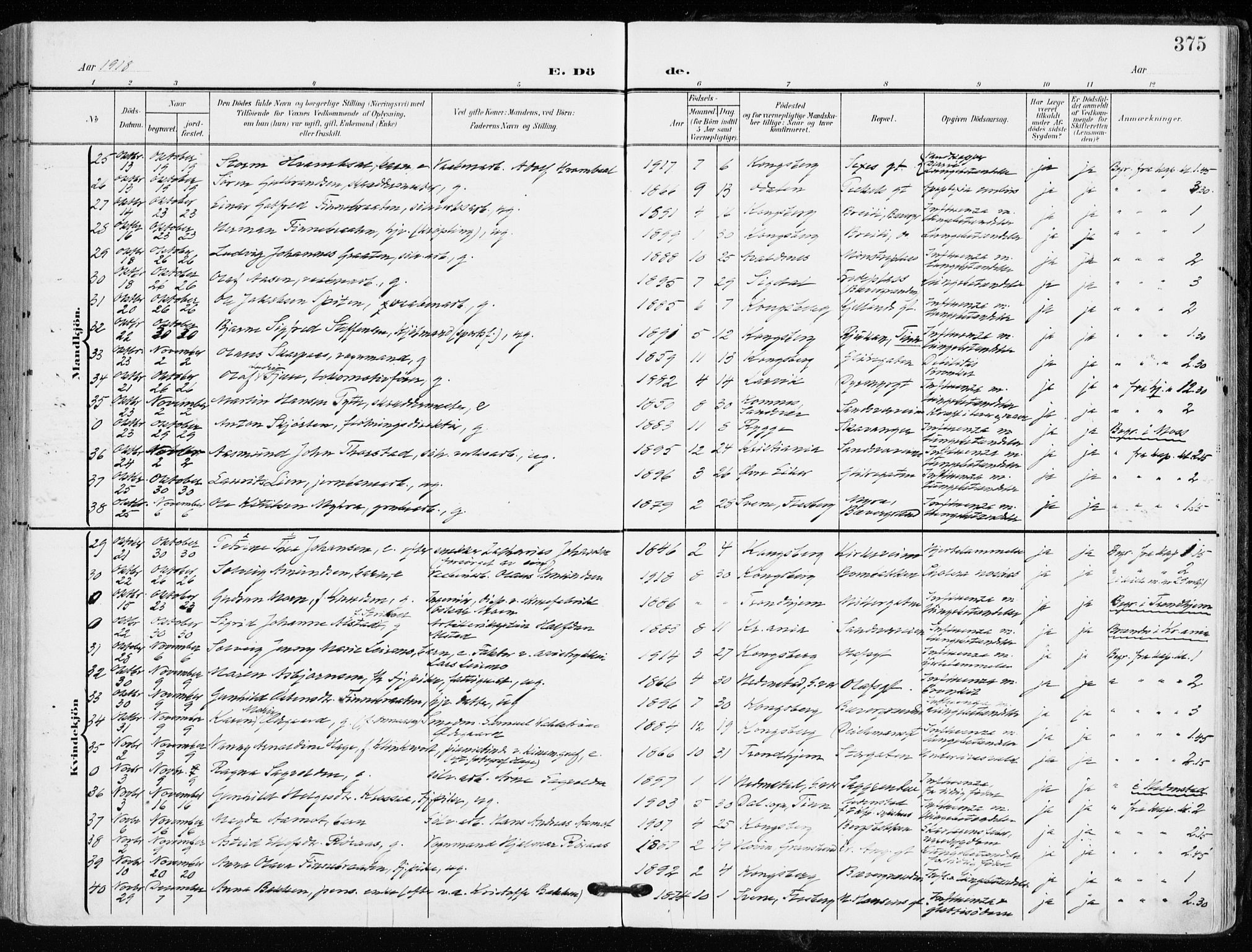 Kongsberg kirkebøker, AV/SAKO-A-22/F/Fb/L0004: Parish register (official) no. II 4, 1906-1918, p. 375