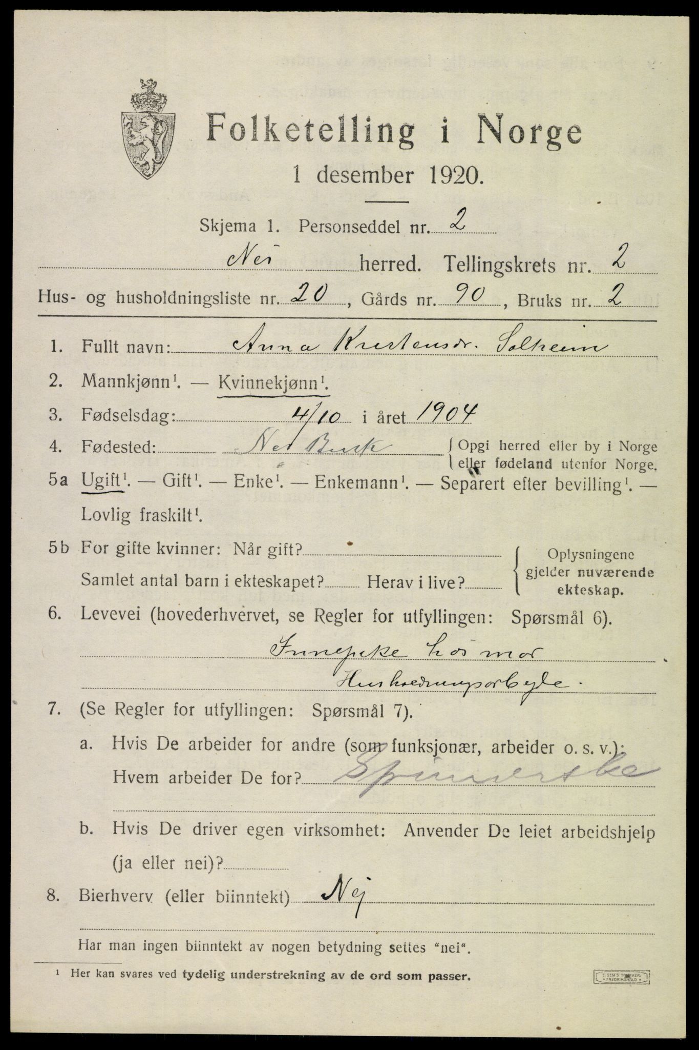 SAKO, 1920 census for Nes (Buskerud), 1920, p. 1482