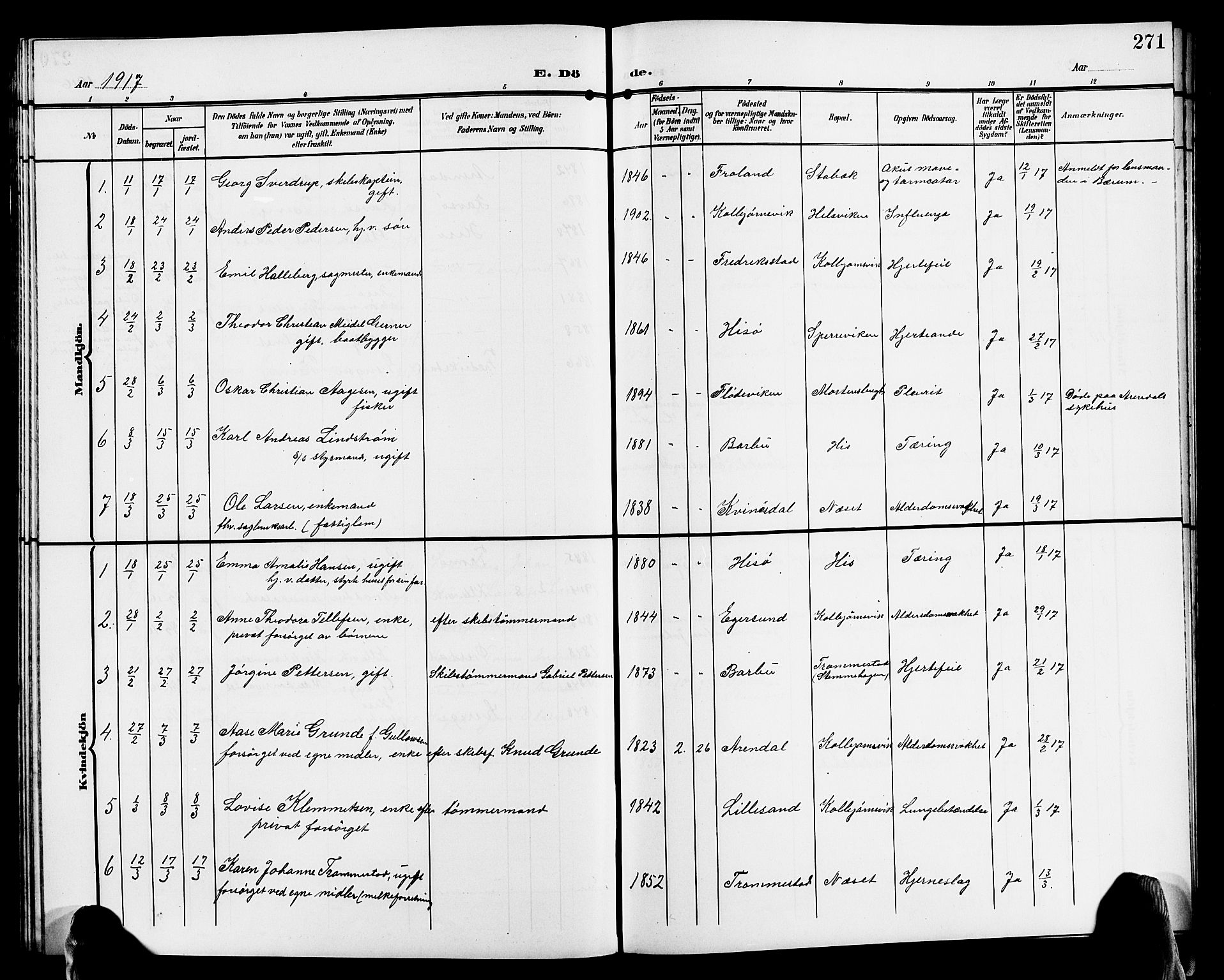 Hisøy sokneprestkontor, AV/SAK-1111-0020/F/Fb/L0004: Parish register (copy) no. B 4, 1905-1923, p. 271