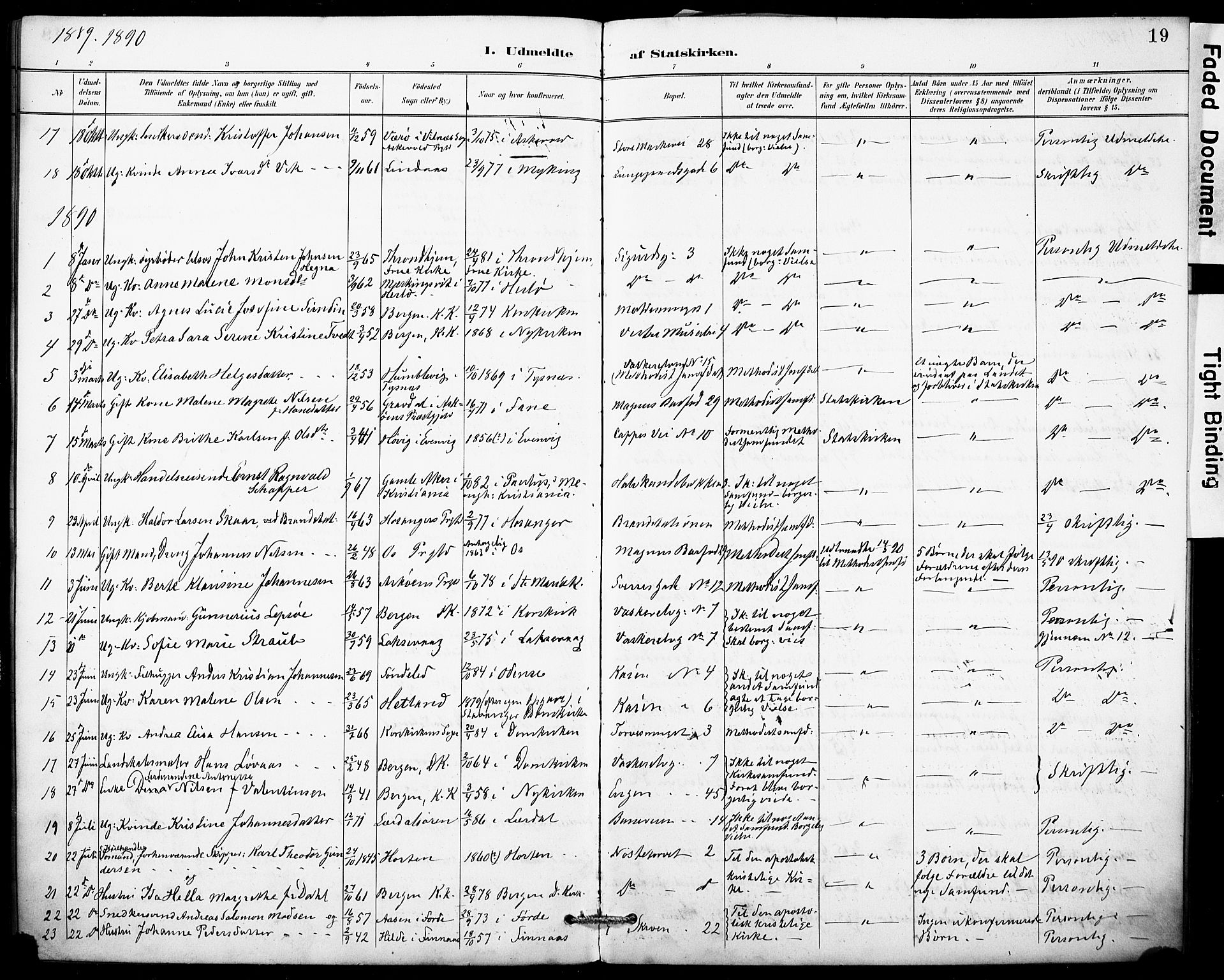 Domkirken sokneprestembete, SAB/A-74801/H/Haa: Parish register (official) no. I 1, 1887-1908, p. 19