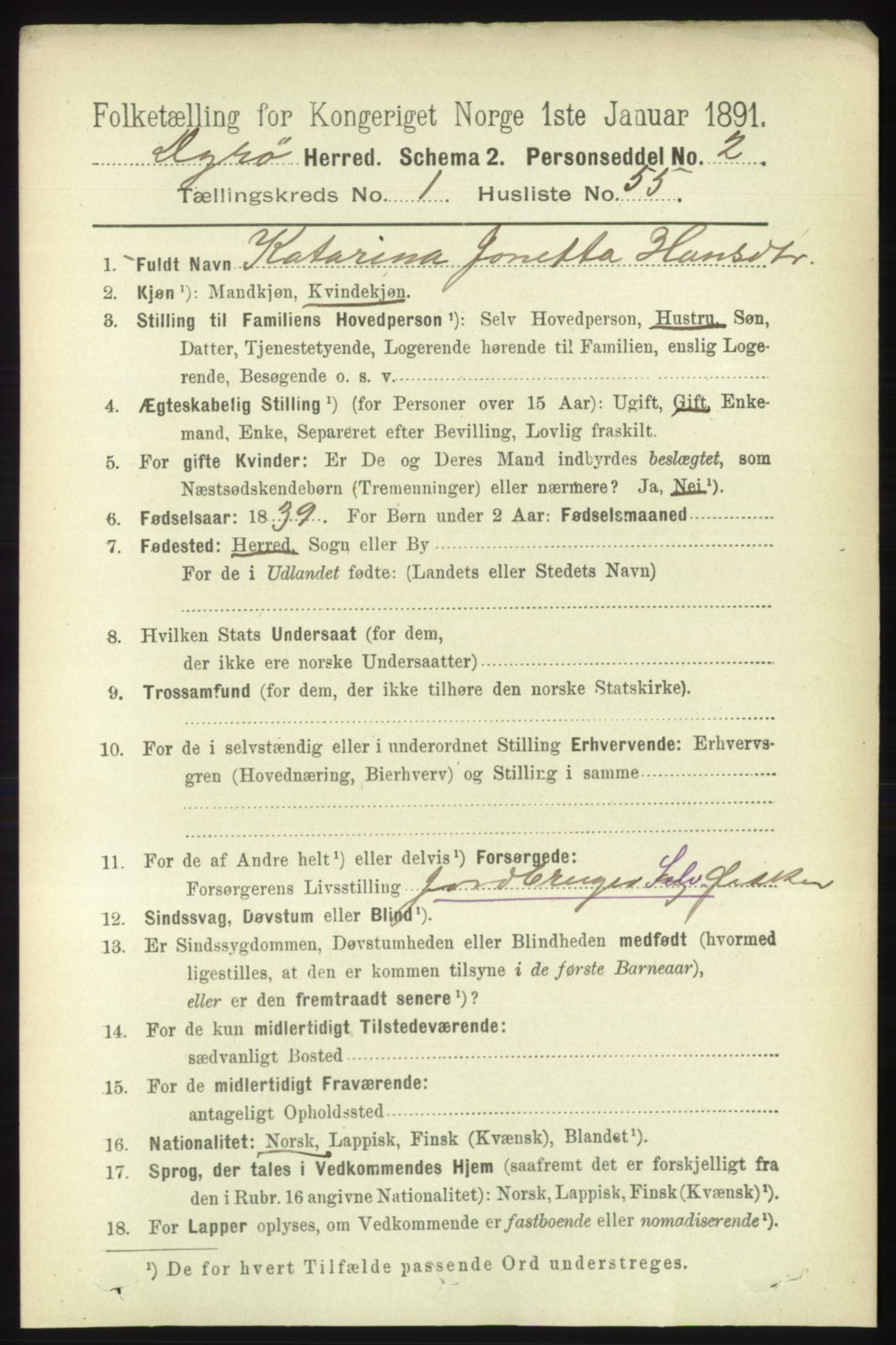 RA, 1891 census for 1926 Dyrøy, 1891, p. 404