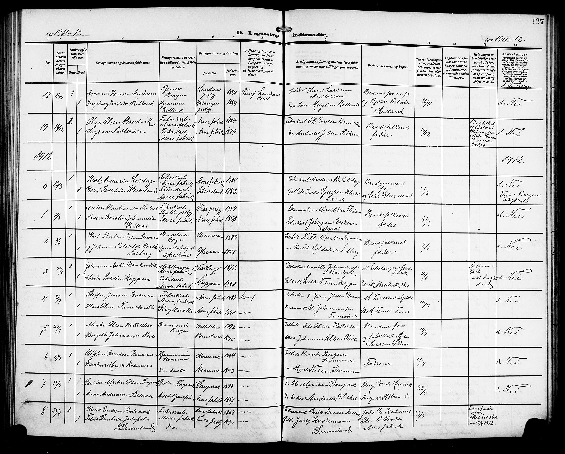 Arna Sokneprestembete, SAB/A-74001/H/Ha/Hab: Parish register (copy) no. A 5, 1911-1921, p. 127