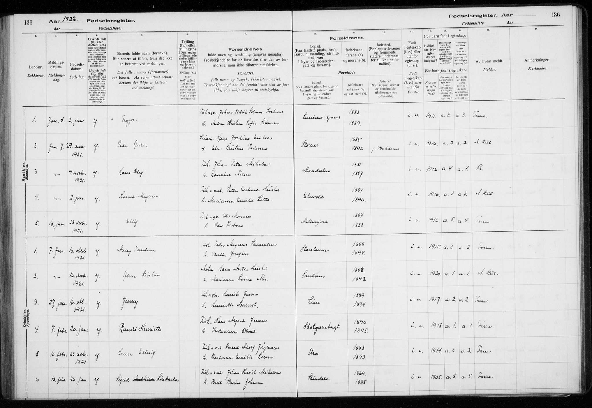 Lyngen sokneprestembete, SATØ/S-1289/I/Ia/L0075: Birth register no. 75, 1916-1924, p. 136
