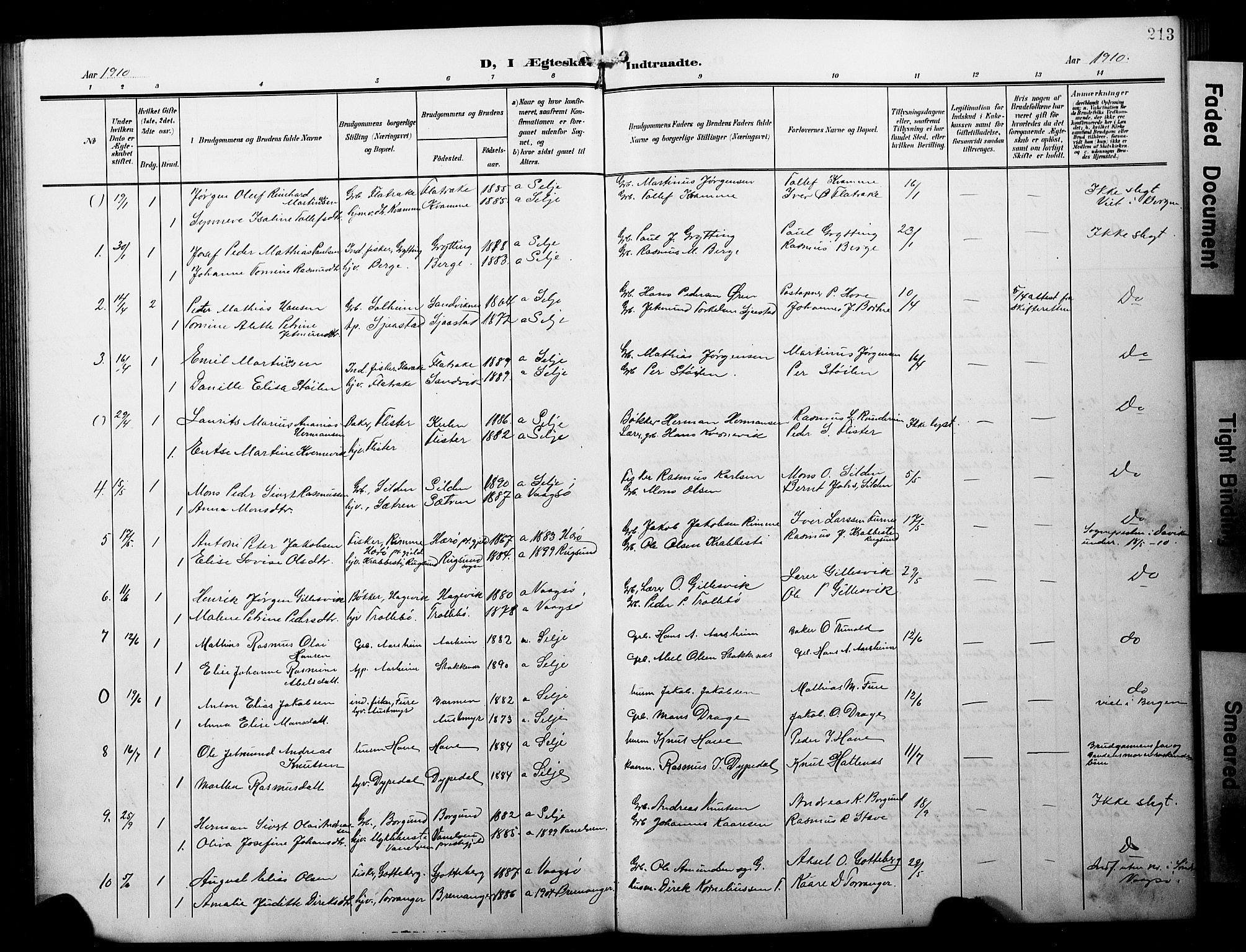 Selje sokneprestembete, AV/SAB-A-99938/H/Ha/Hab/Habb: Parish register (copy) no. B 1, 1905-1923, p. 213