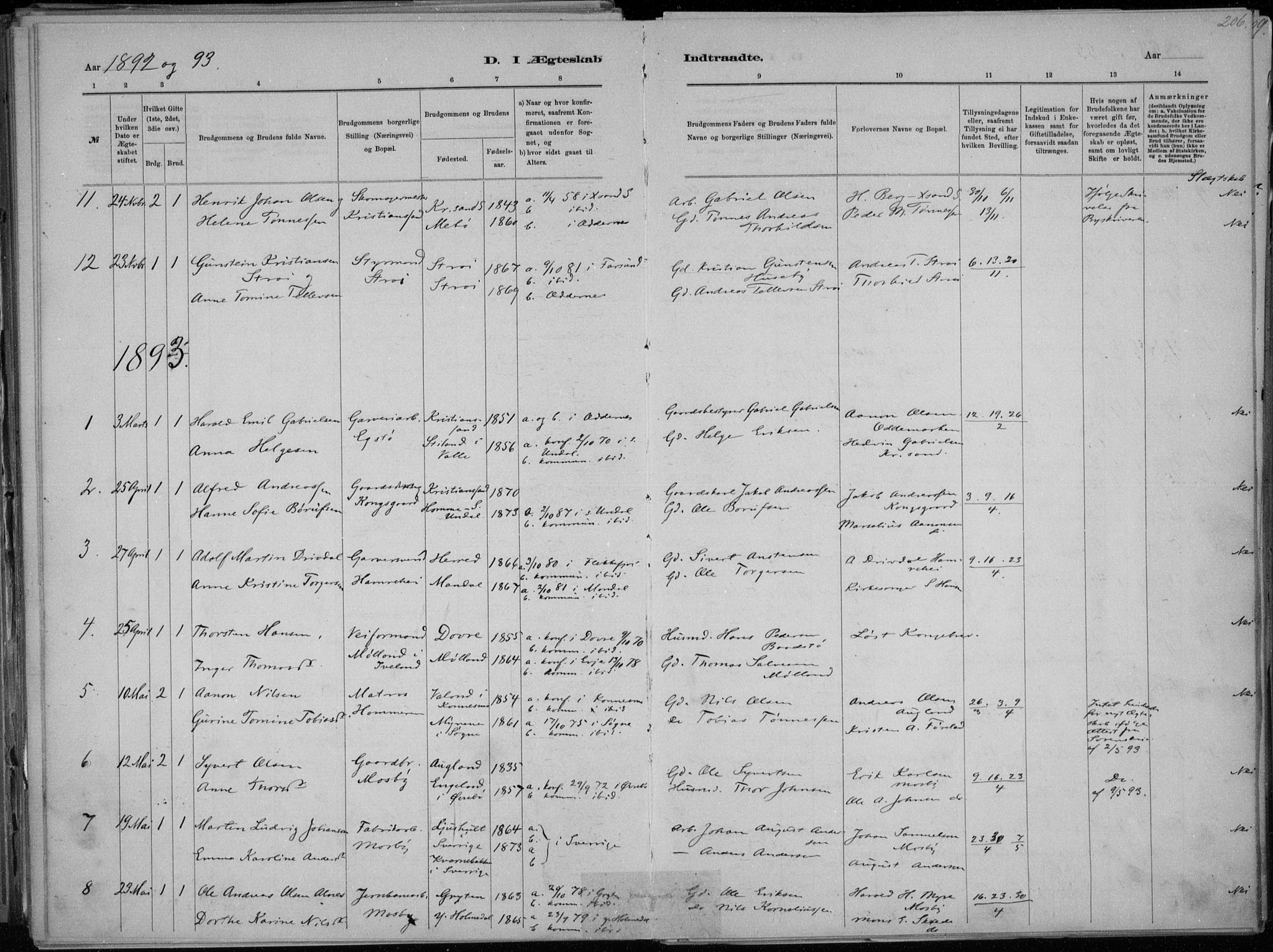 Oddernes sokneprestkontor, AV/SAK-1111-0033/F/Fa/Faa/L0009: Parish register (official) no. A 9, 1884-1896, p. 206